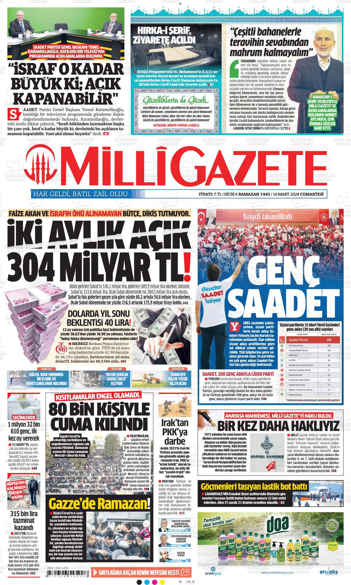 16 Mart 2024 Milli Gazete Gazete Manşeti