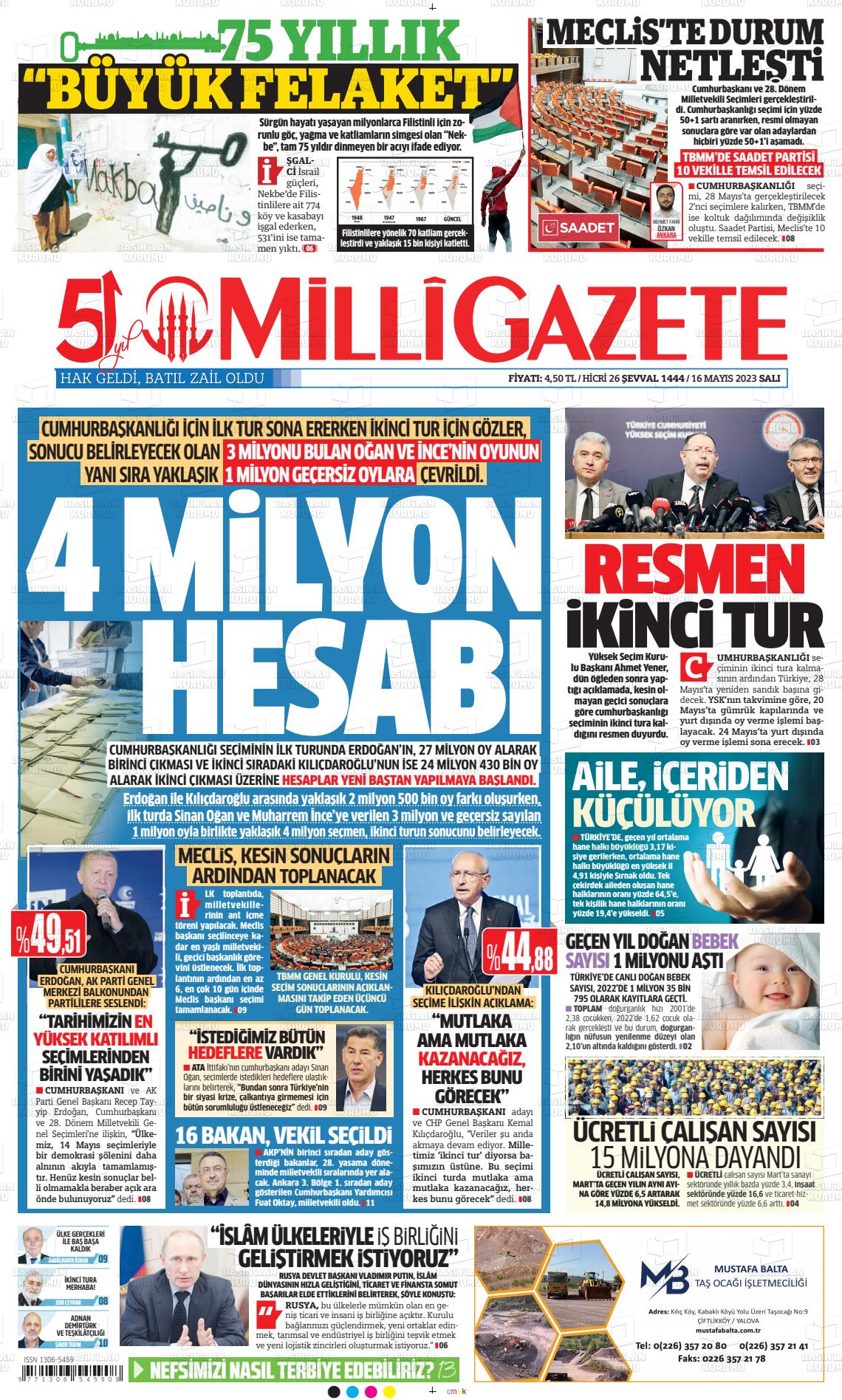 16 Mayıs 2023 Milli Gazete Gazete Manşeti