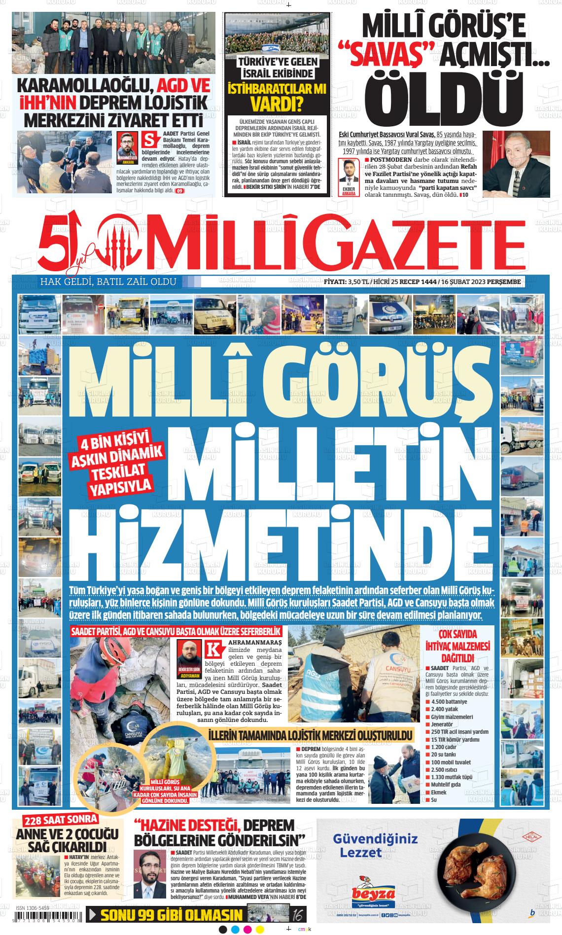 16 Şubat 2023 Milli Gazete Gazete Manşeti