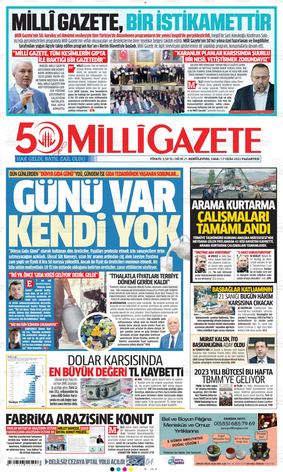 17 Ekim 2022 Milli Gazete Gazete Manşeti