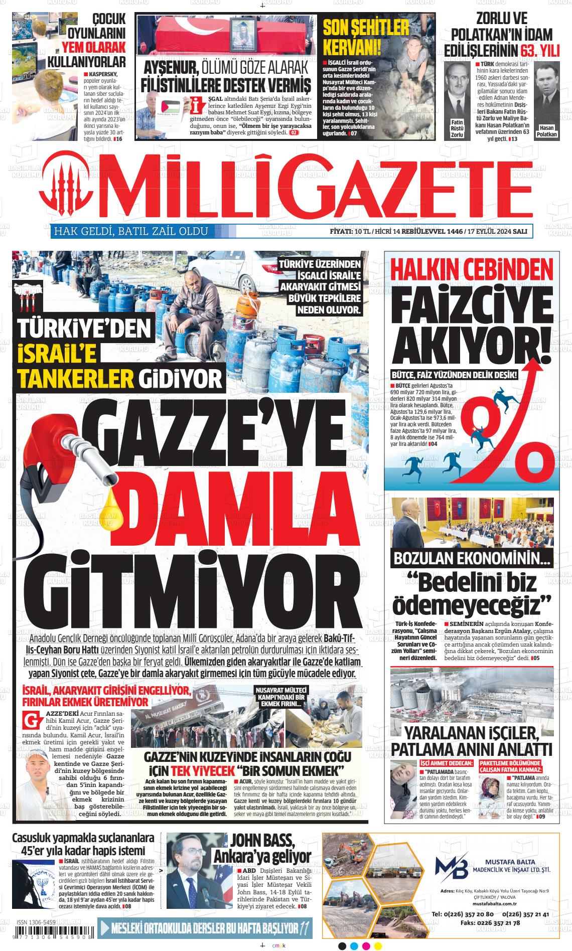 17 Eylül 2024 Milli Gazete Gazete Manşeti