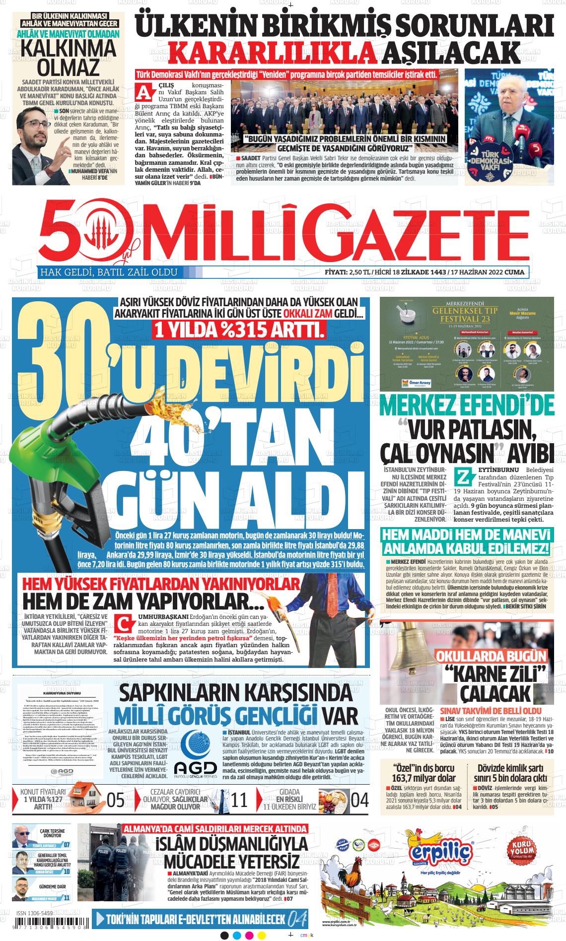 17 Haziran 2022 Milli Gazete Gazete Manşeti