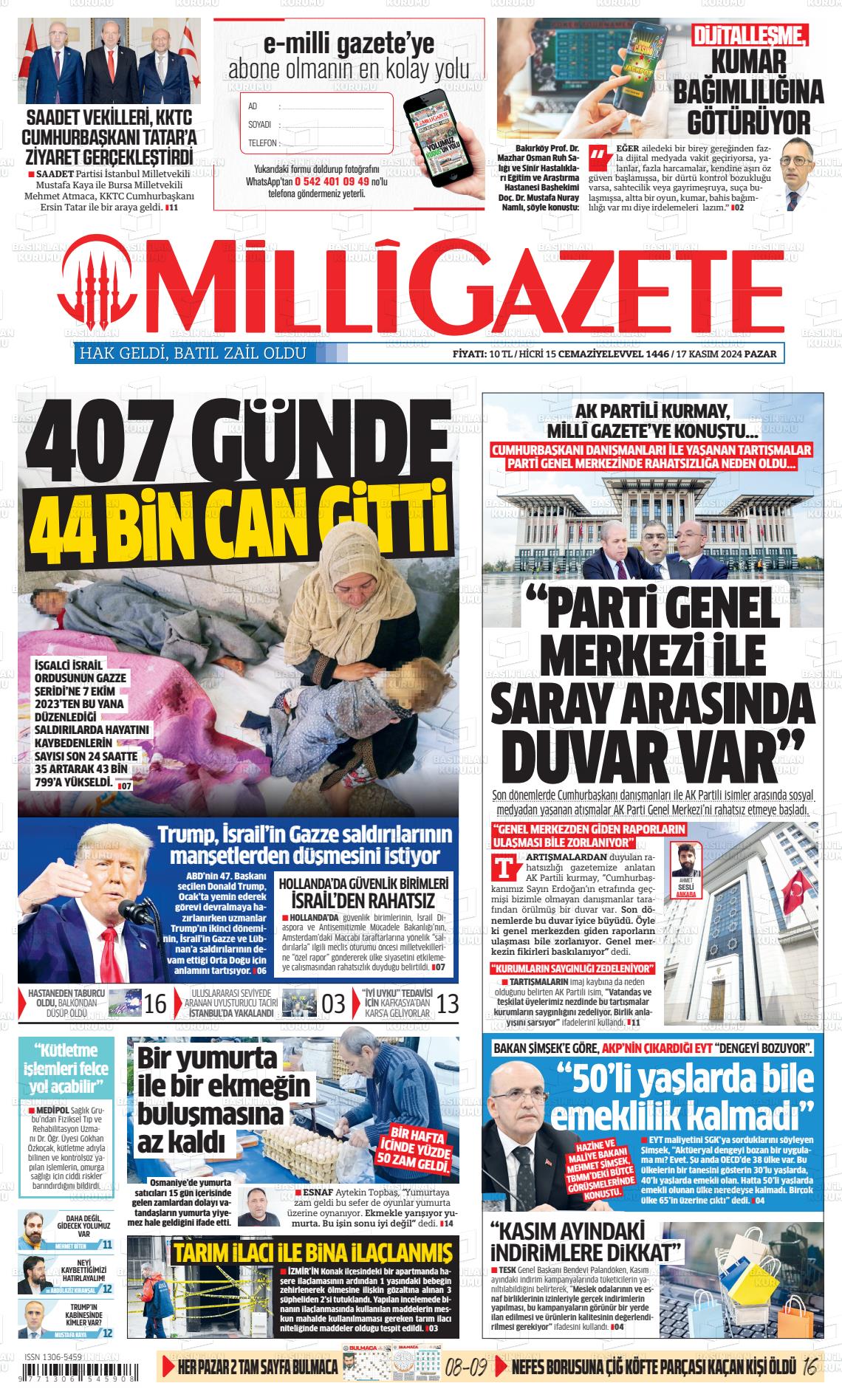 17 Kasım 2024 Milli Gazete Gazete Manşeti