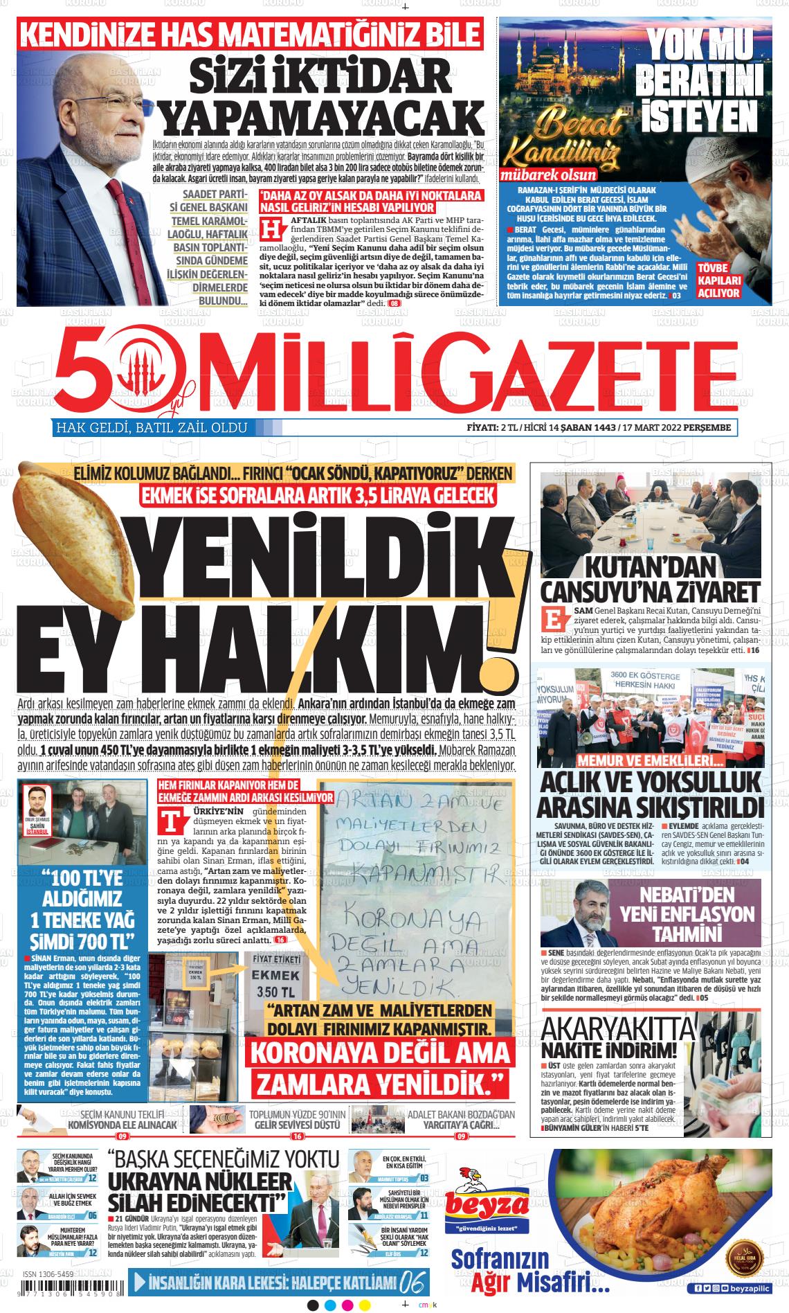 17 Mart 2022 Milli Gazete Gazete Manşeti