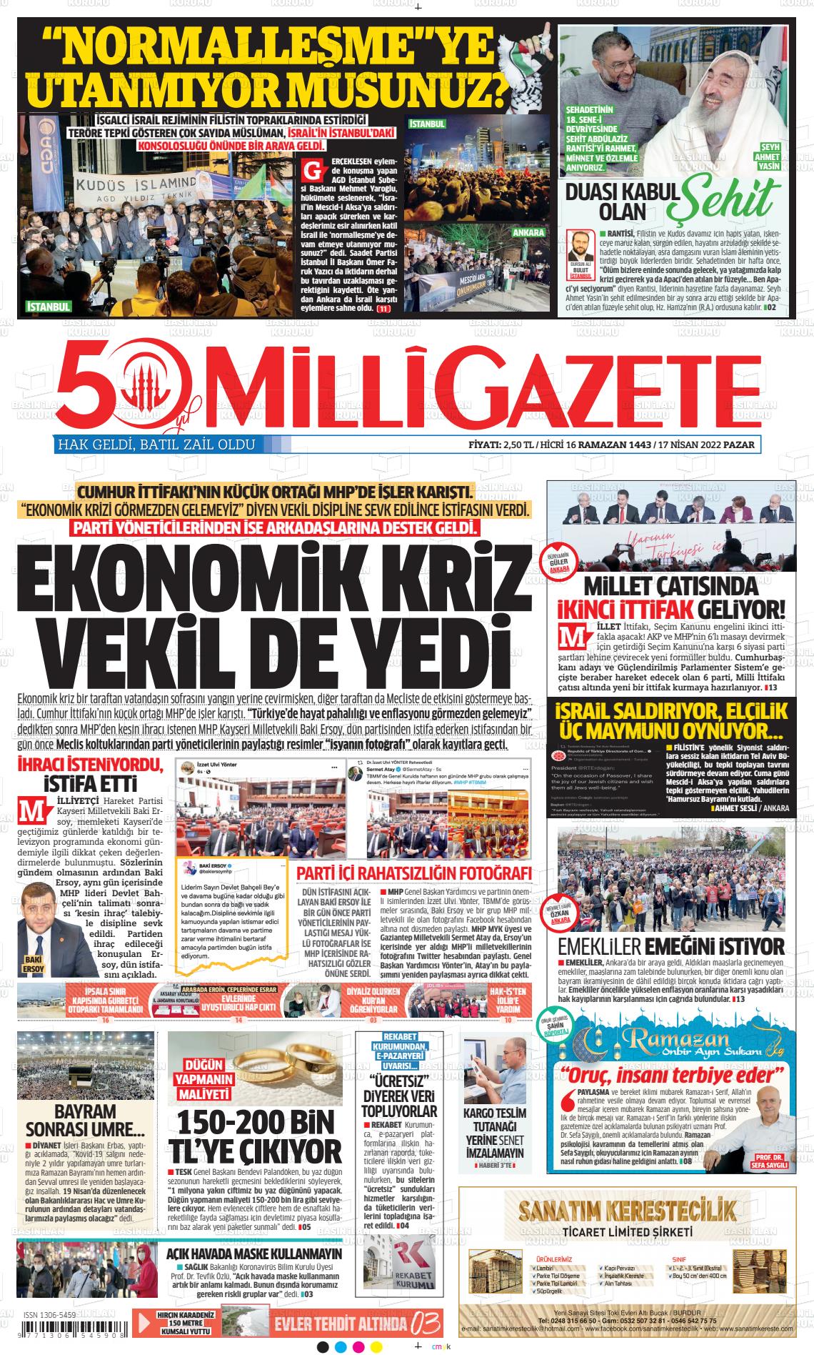 17 Nisan 2022 Milli Gazete Gazete Manşeti