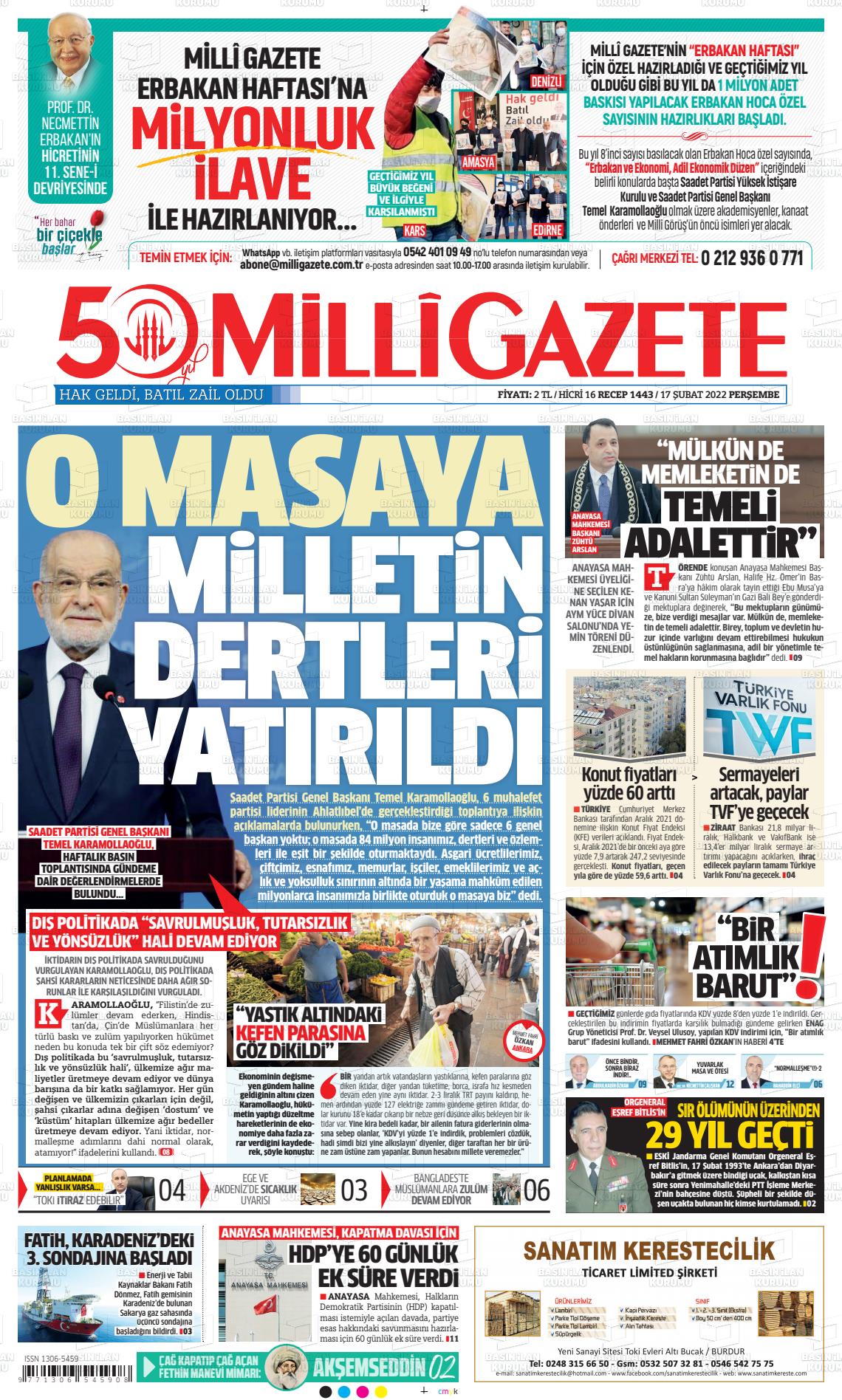 17 Şubat 2022 Milli Gazete Gazete Manşeti