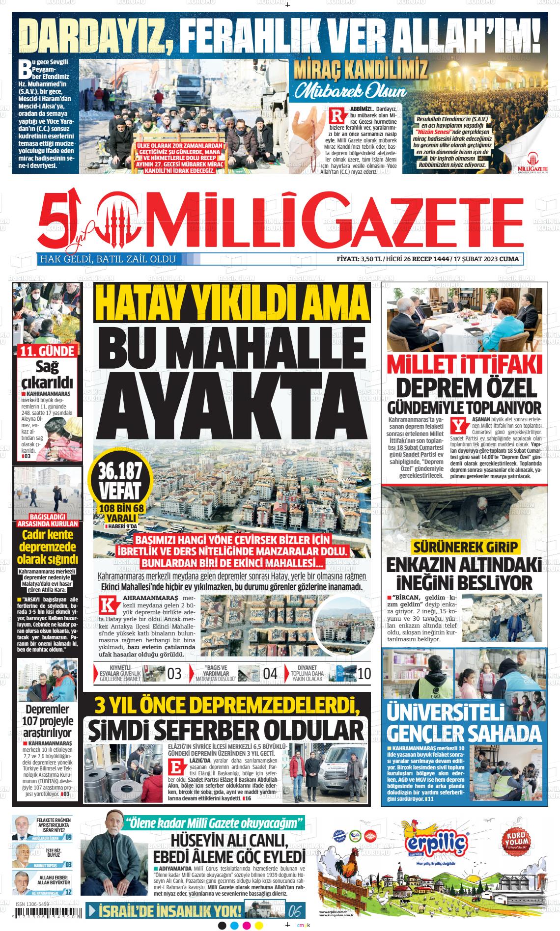 17 Şubat 2023 Milli Gazete Gazete Manşeti