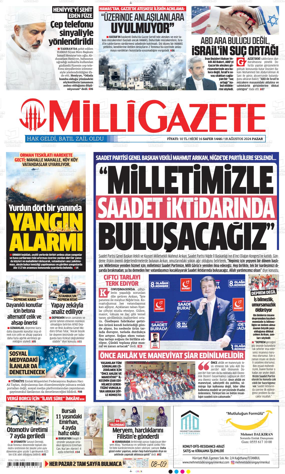 18 Ağustos 2024 Milli Gazete Gazete Manşeti