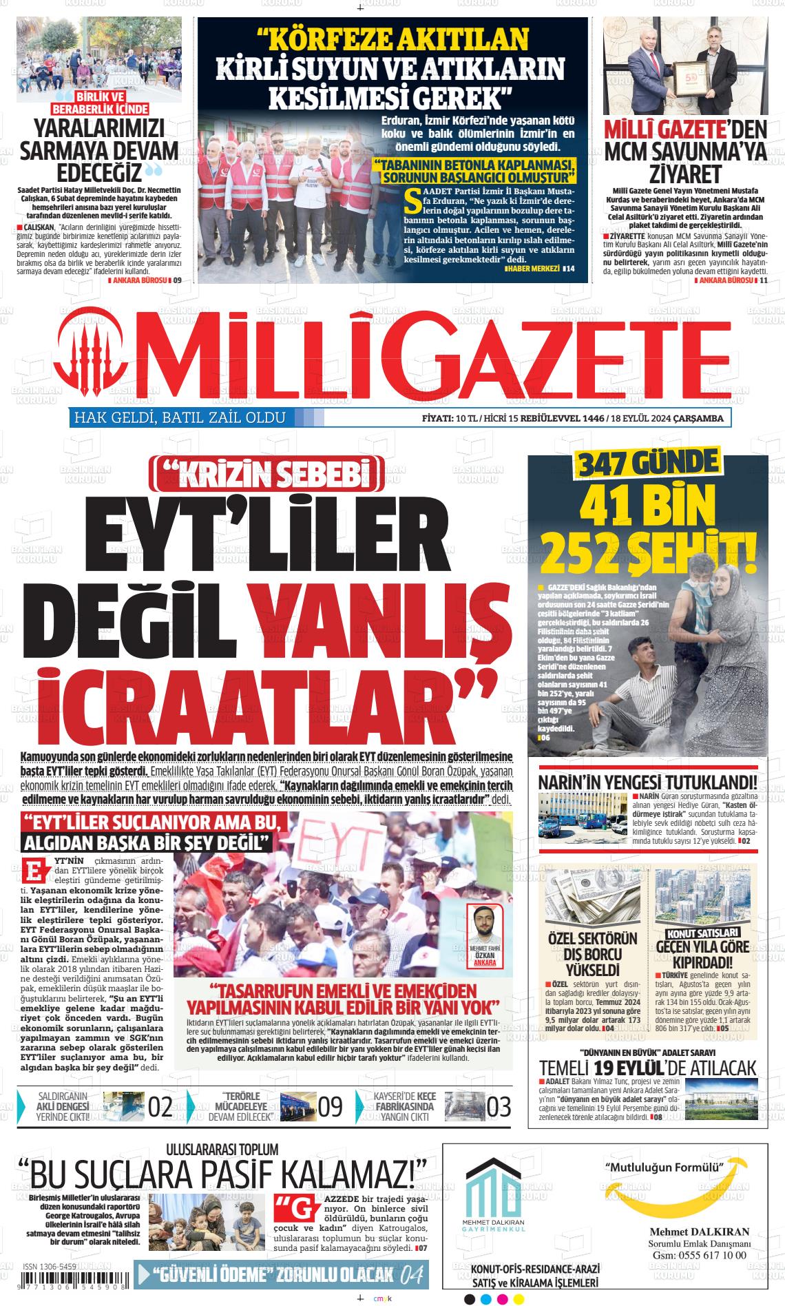 18 Eylül 2024 Milli Gazete Gazete Manşeti