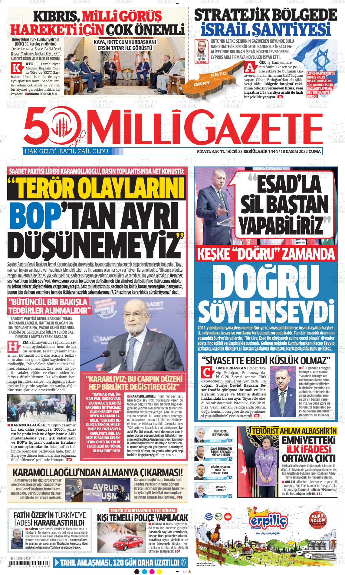 18 Kasım 2022 Milli Gazete Gazete Manşeti