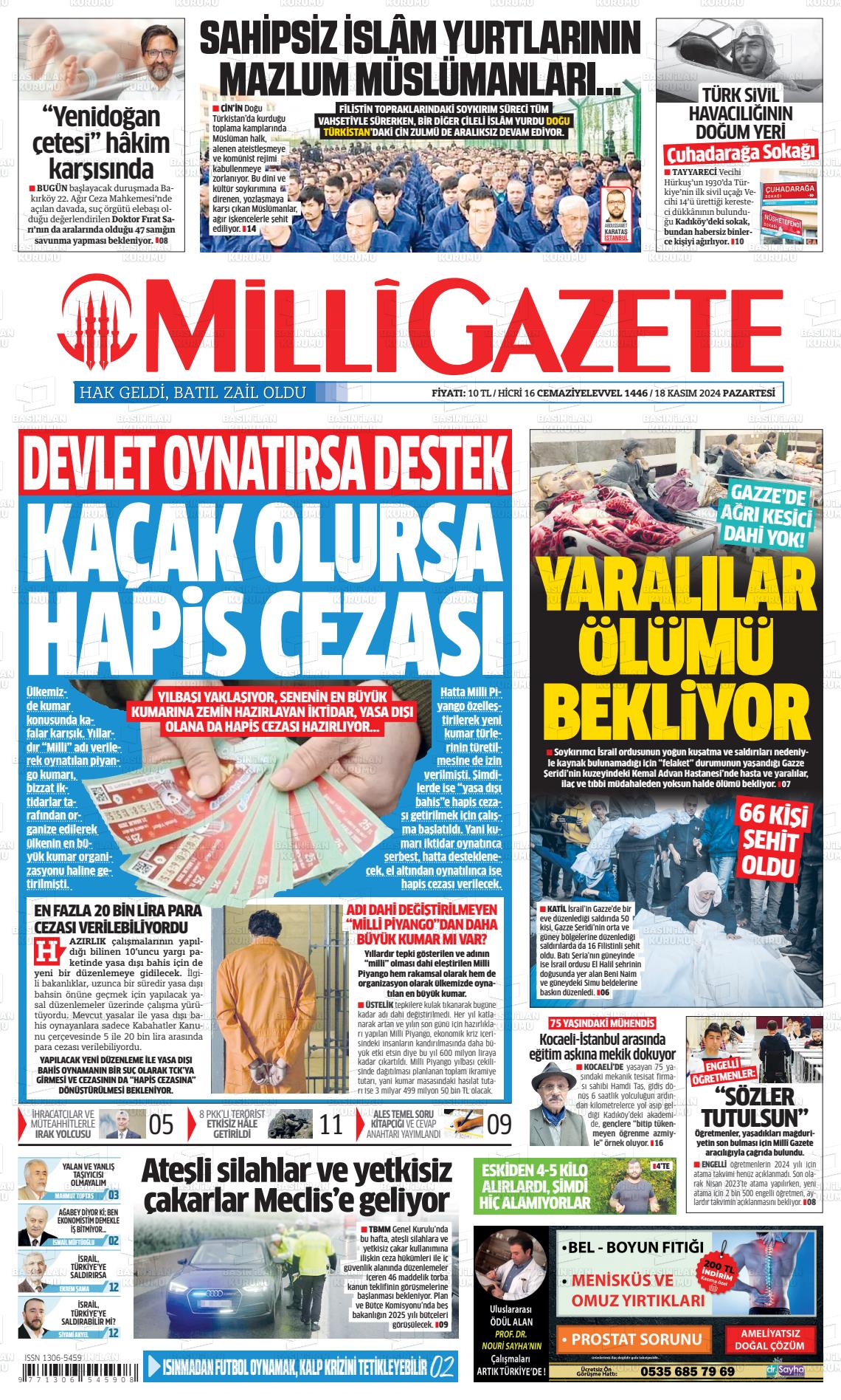 18 Kasım 2024 Milli Gazete Gazete Manşeti