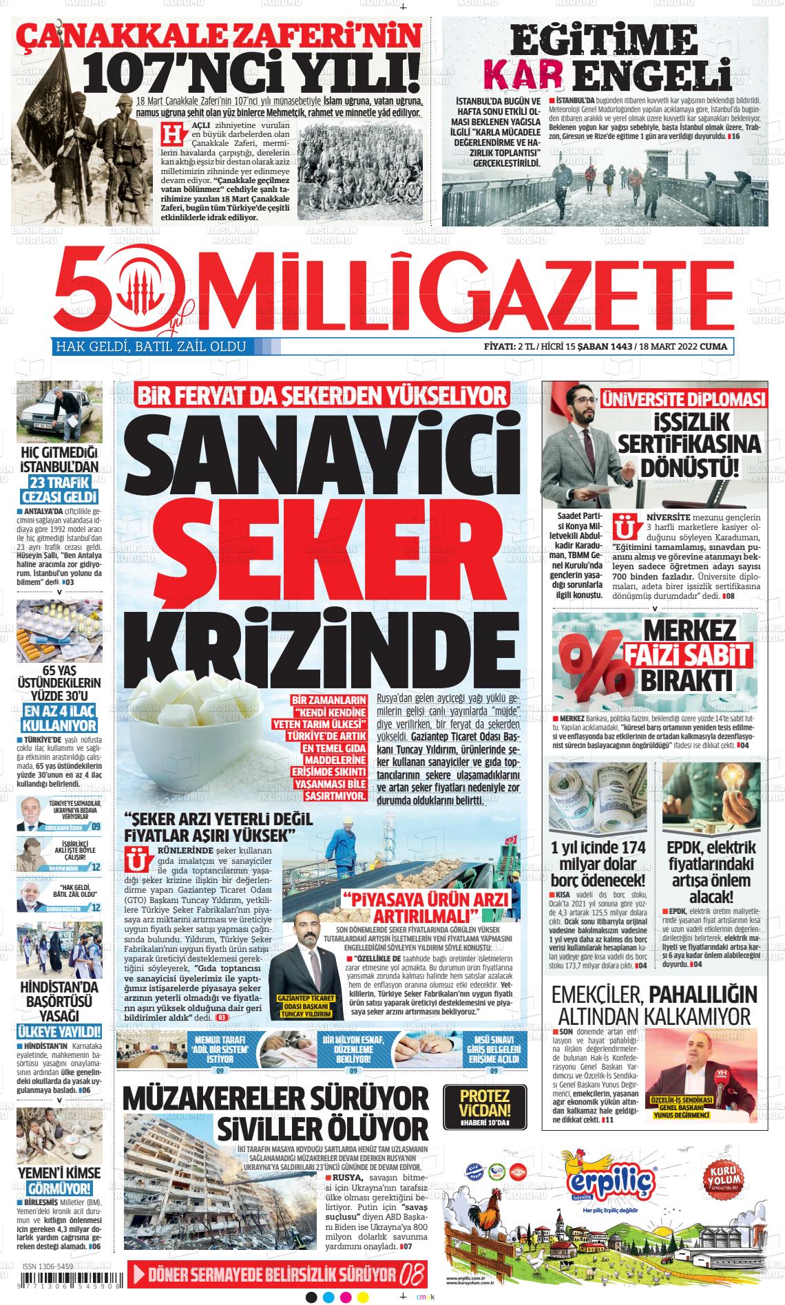 18 Mart 2022 Milli Gazete Gazete Manşeti