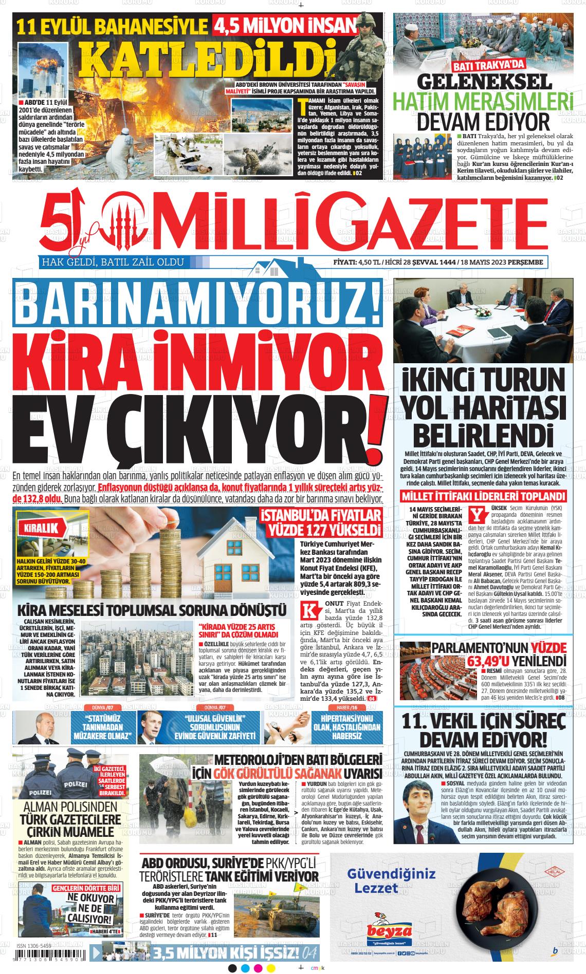 18 Mayıs 2023 Milli Gazete Gazete Manşeti