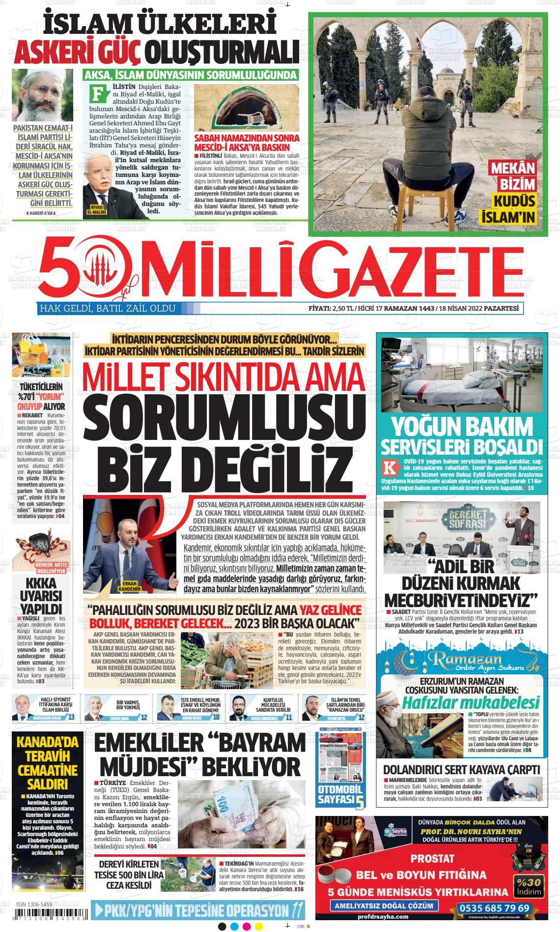 18 Nisan 2022 Milli Gazete Gazete Manşeti