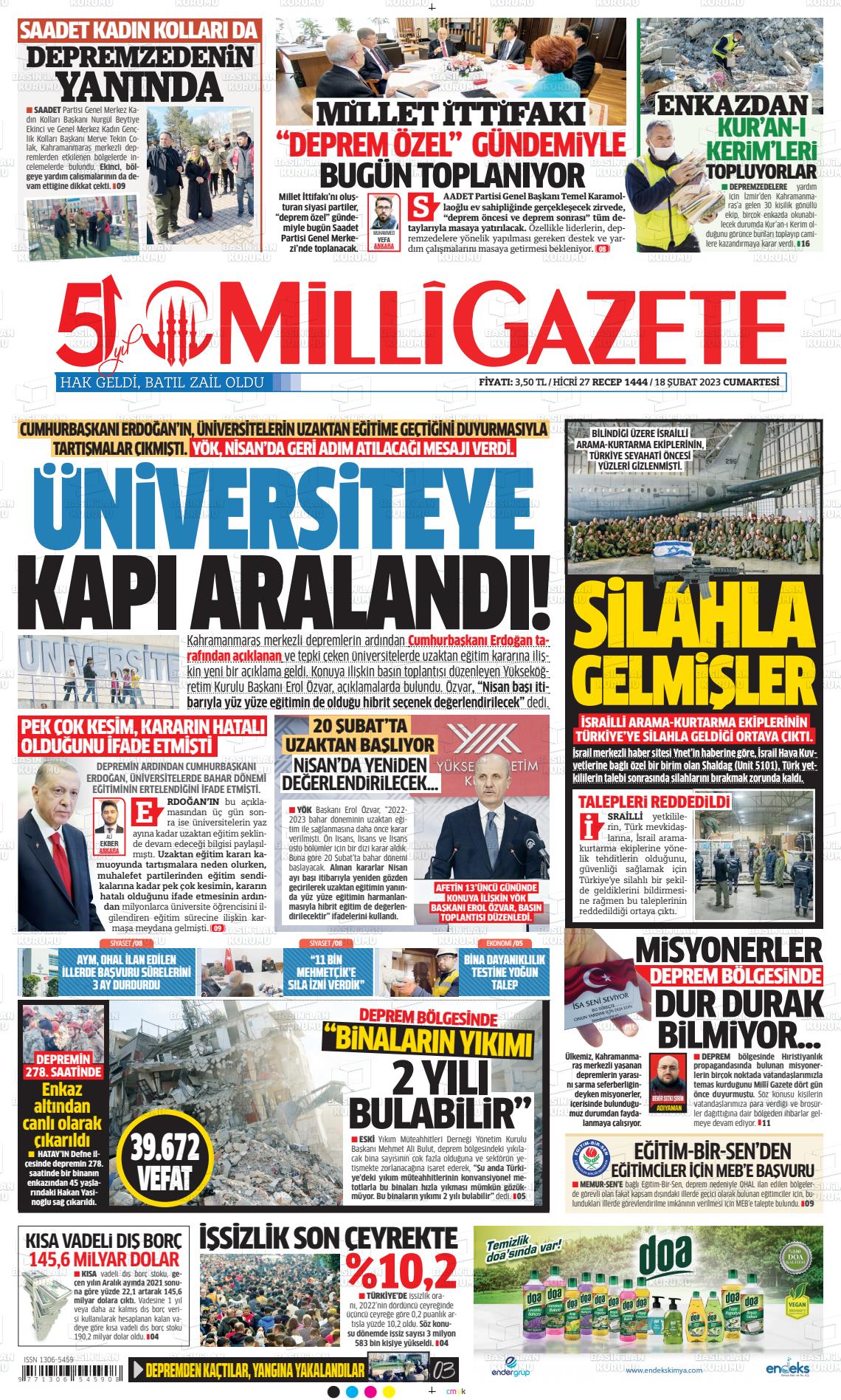 18 Şubat 2023 Milli Gazete Gazete Manşeti