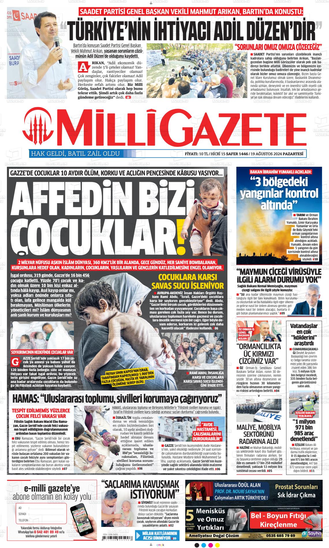 19 Ağustos 2024 Milli Gazete Gazete Manşeti