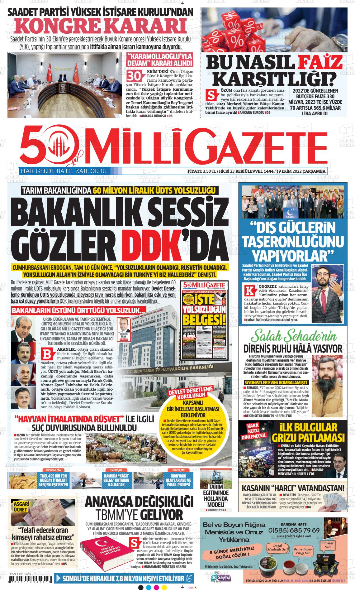 19 Ekim 2022 Milli Gazete Gazete Manşeti