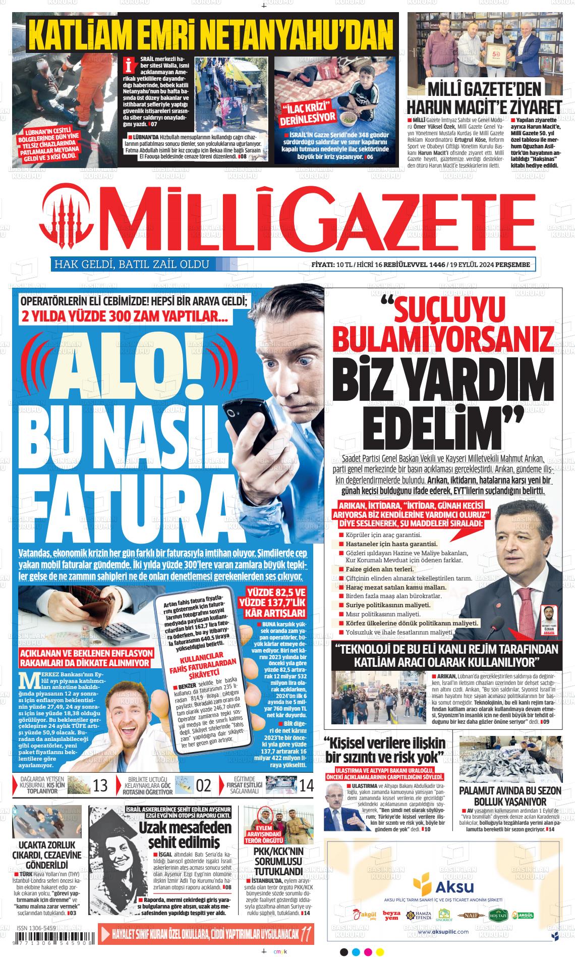 19 Eylül 2024 Milli Gazete Gazete Manşeti