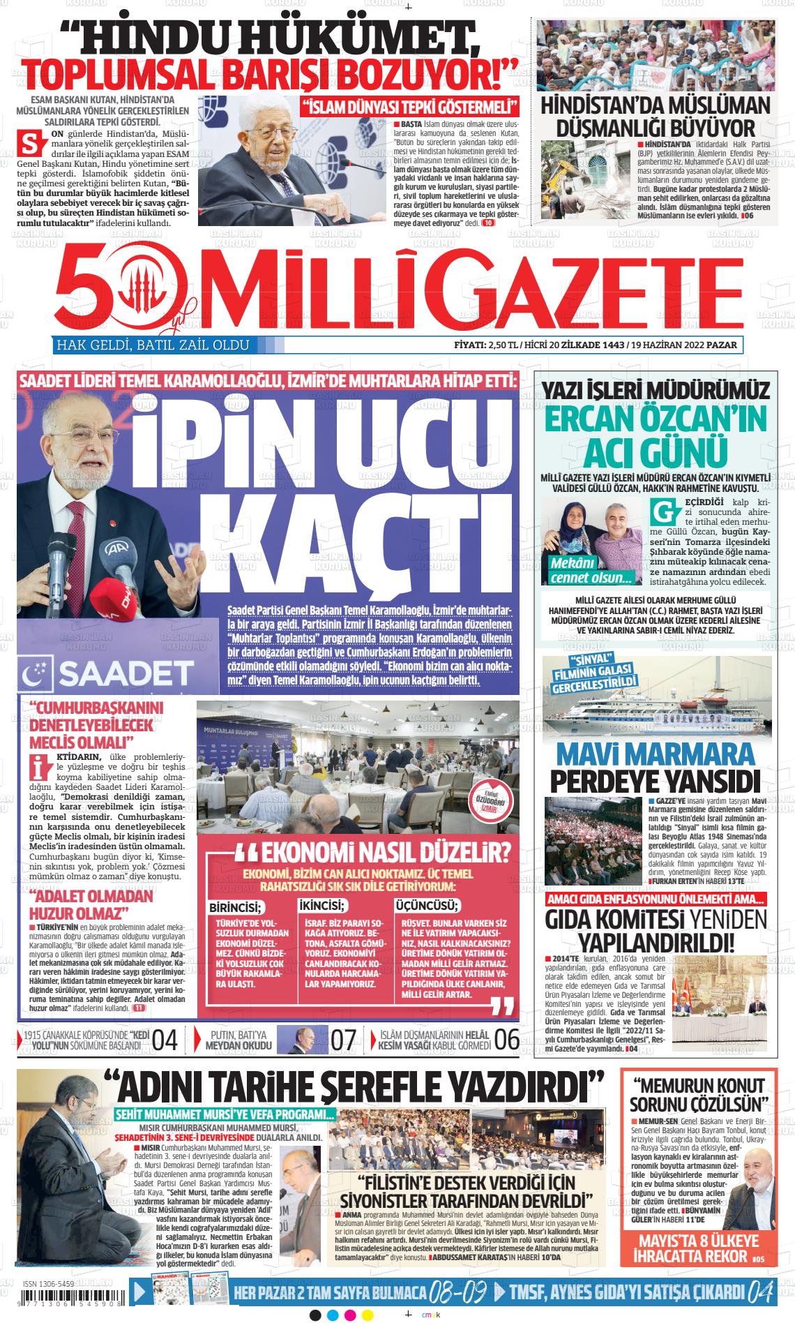 19 Haziran 2022 Milli Gazete Gazete Manşeti