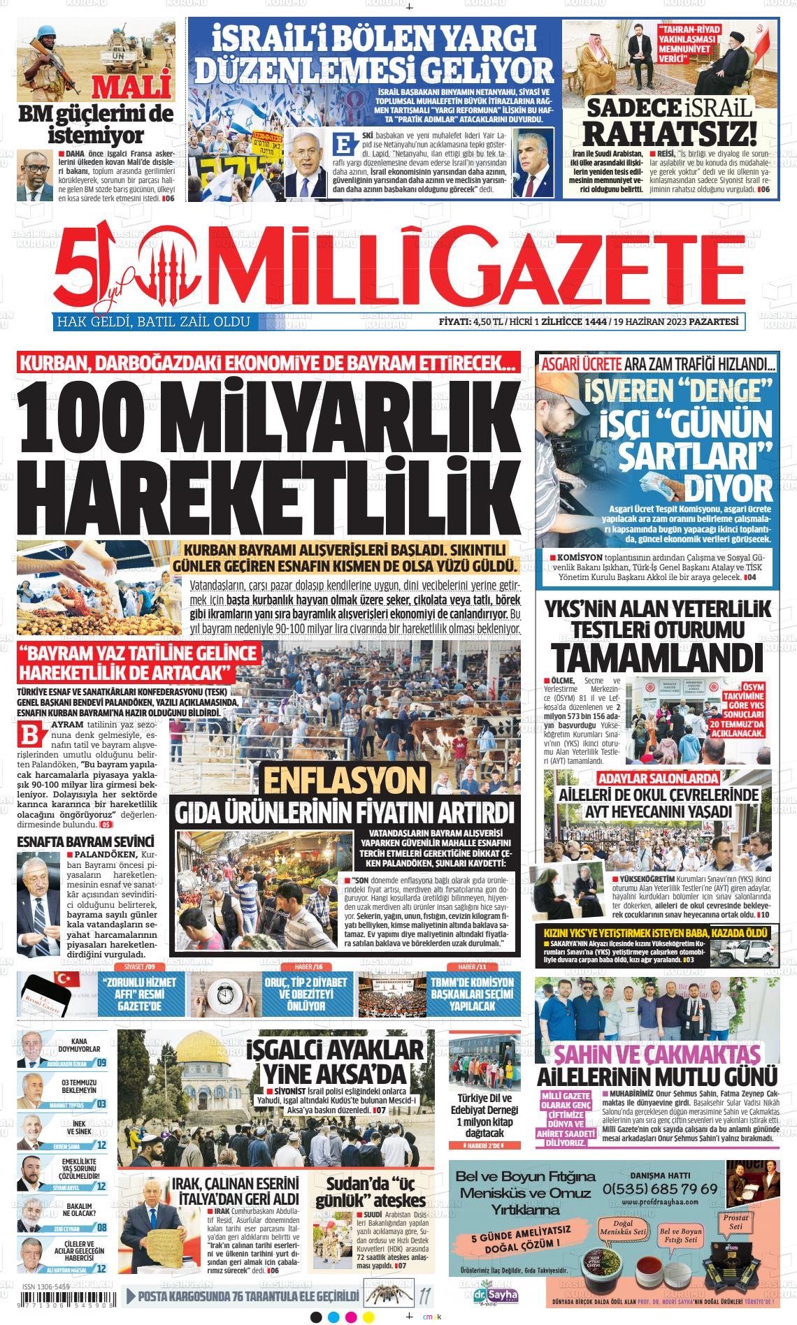 19 Haziran 2023 Milli Gazete Gazete Manşeti