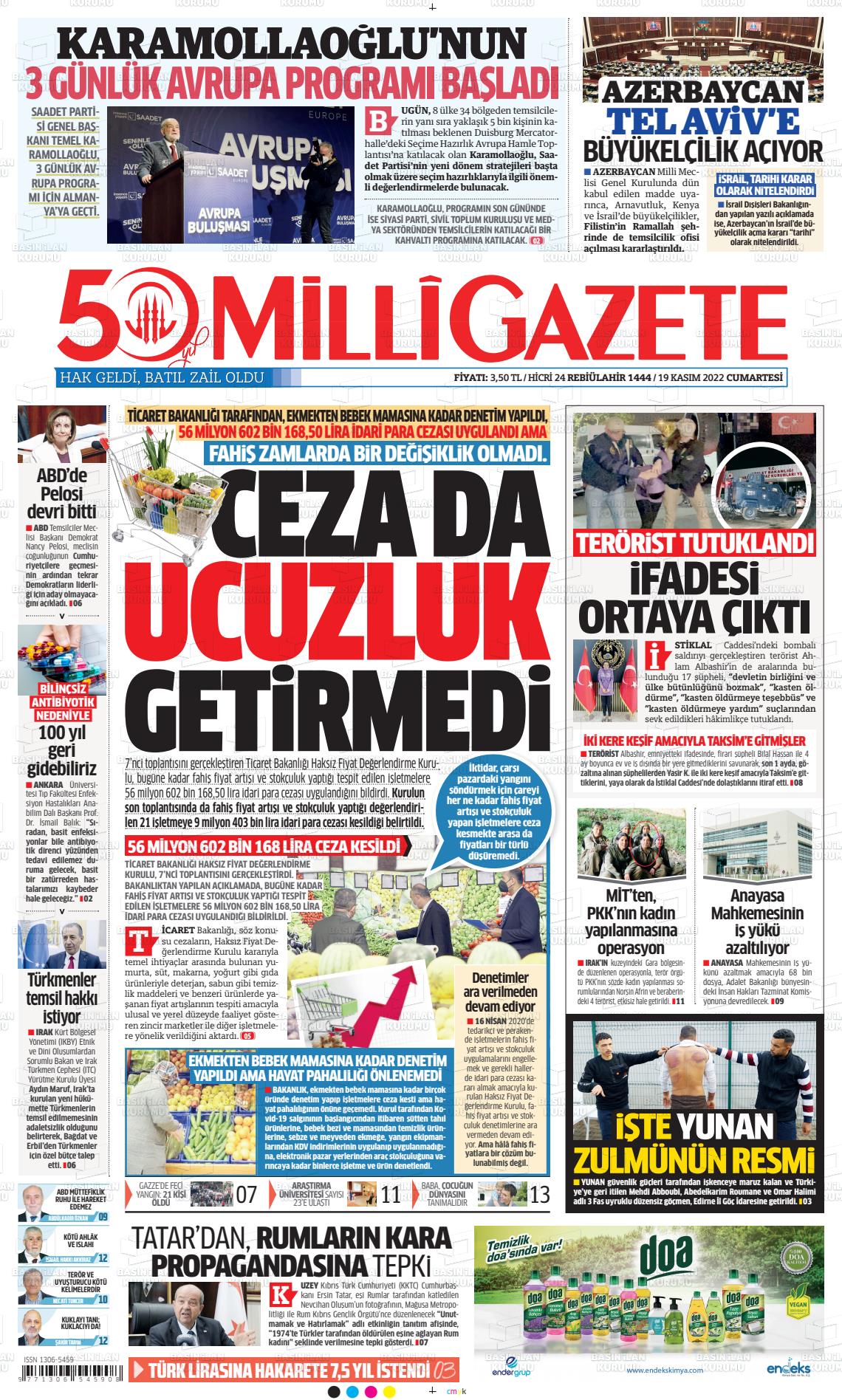 19 Kasım 2022 Milli Gazete Gazete Manşeti