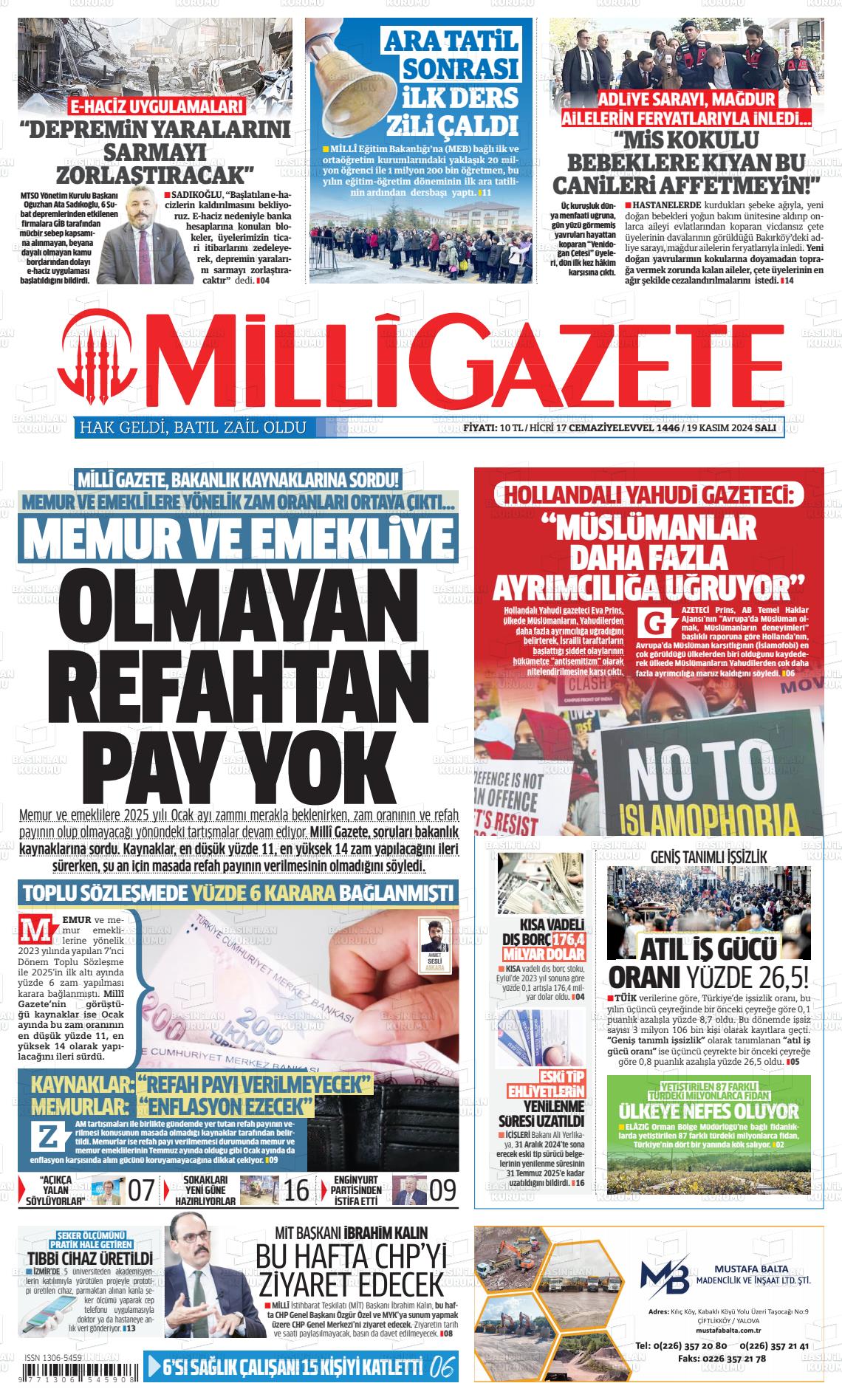 19 Kasım 2024 Milli Gazete Gazete Manşeti