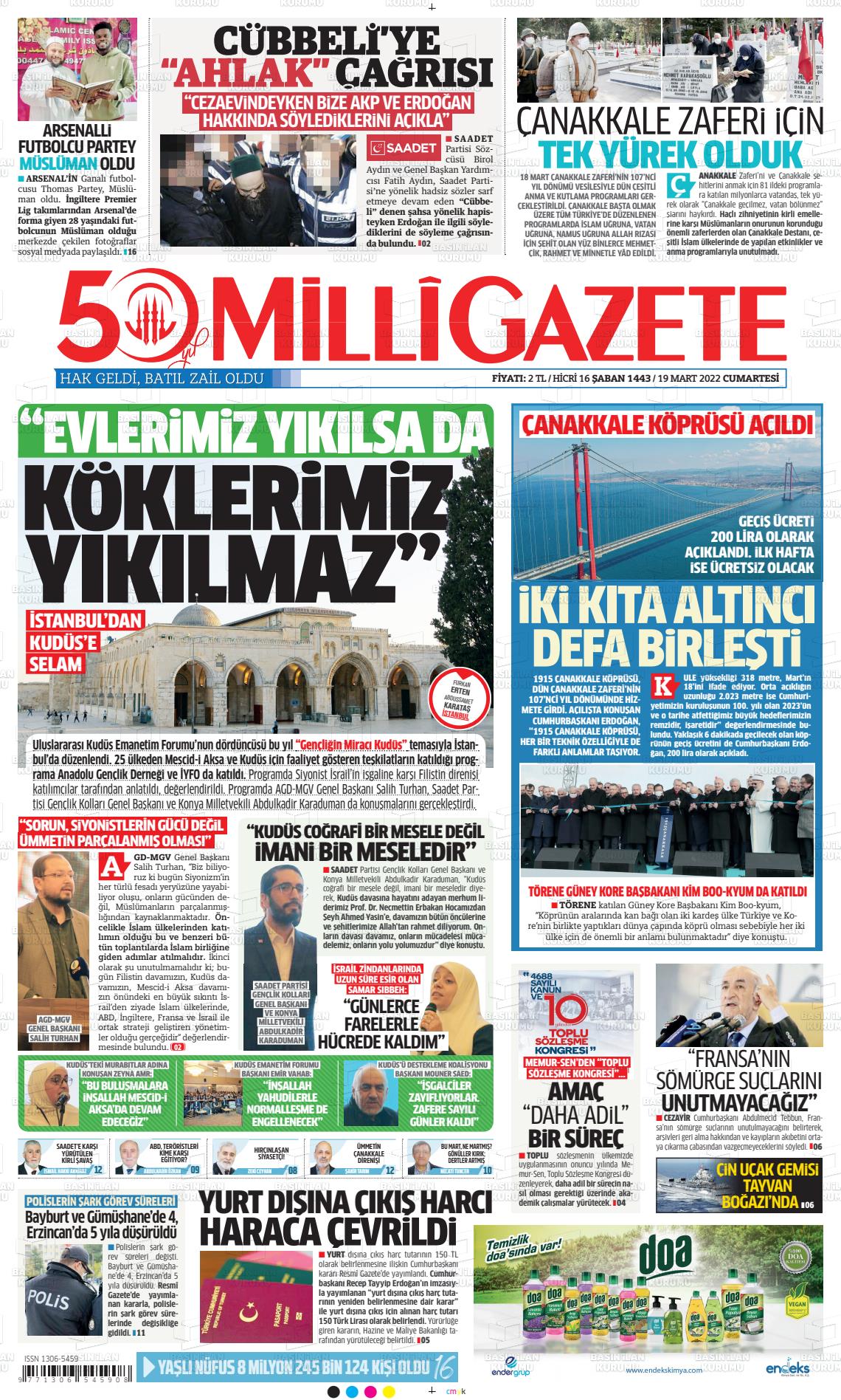 19 Mart 2022 Milli Gazete Gazete Manşeti