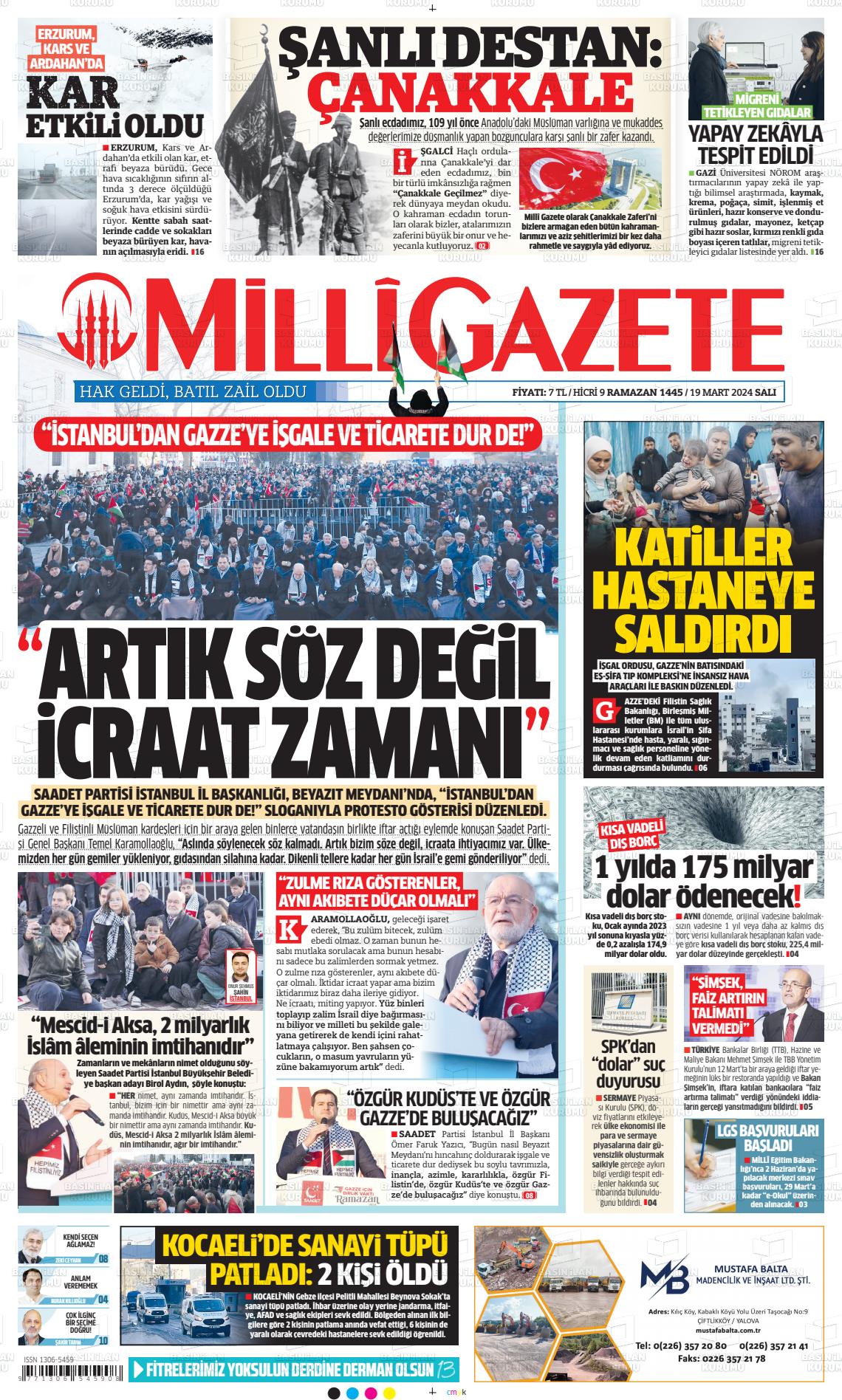 19 Mart 2024 Milli Gazete Gazete Manşeti