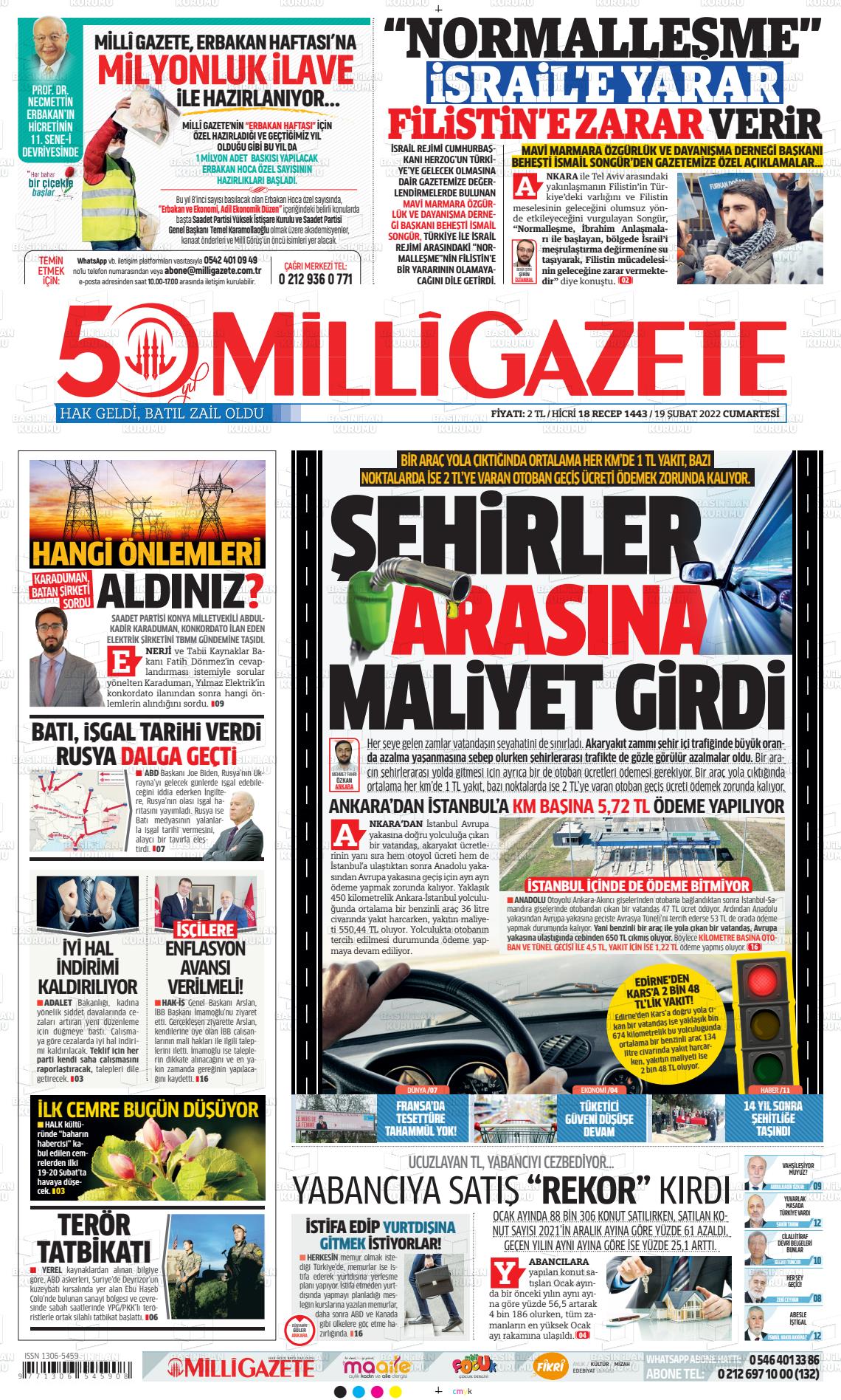 19 Şubat 2022 Milli Gazete Gazete Manşeti