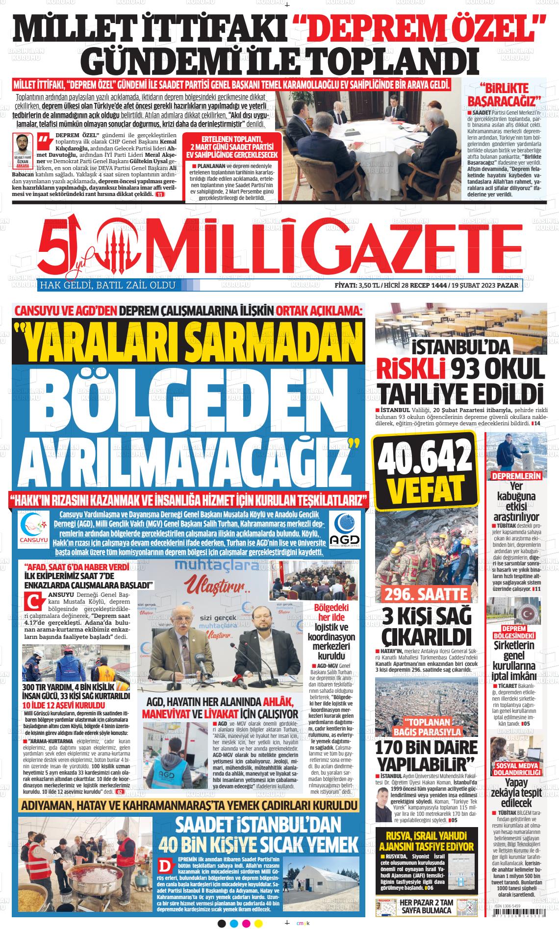 19 Şubat 2023 Milli Gazete Gazete Manşeti