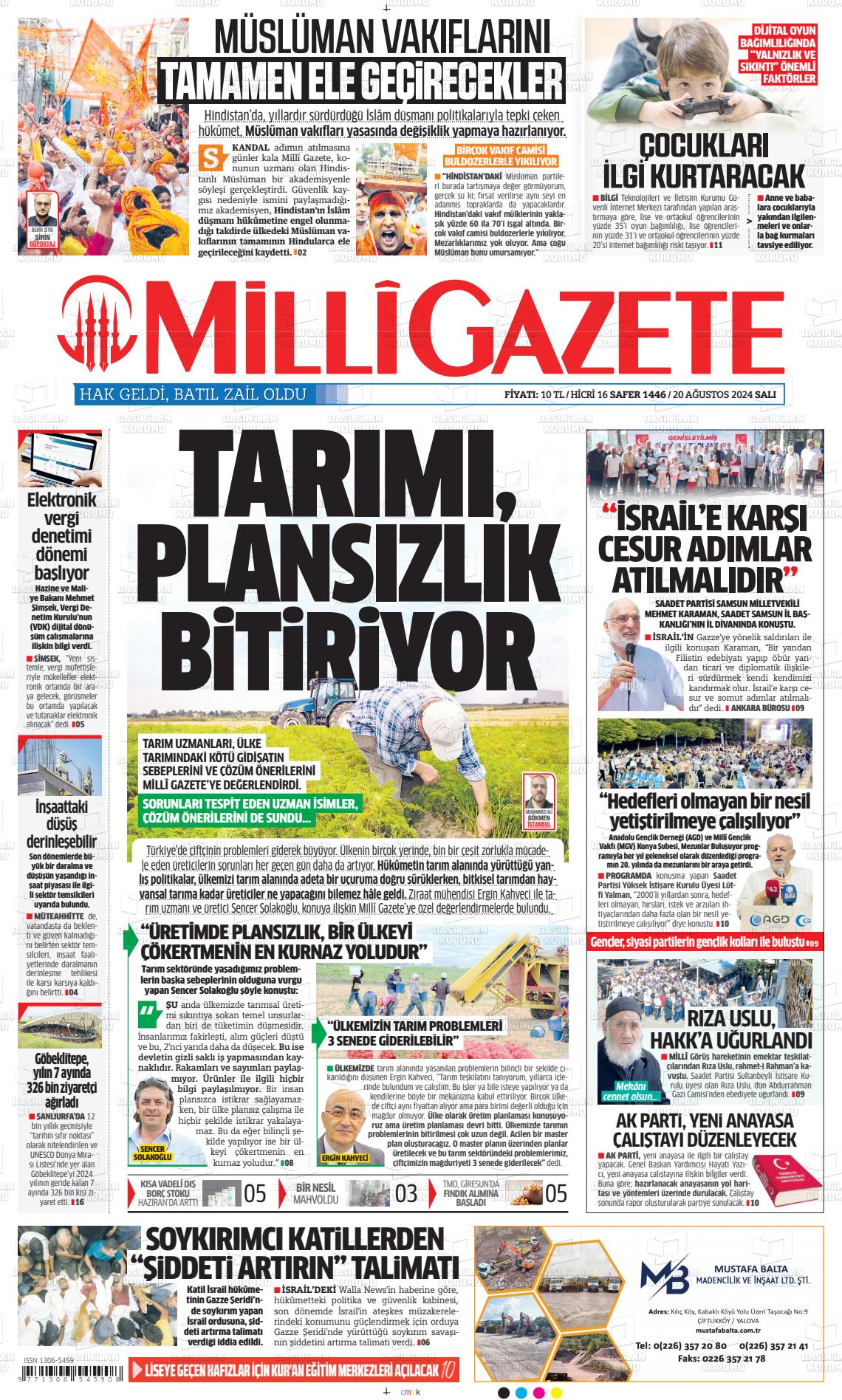 20 Ağustos 2024 Milli Gazete Gazete Manşeti