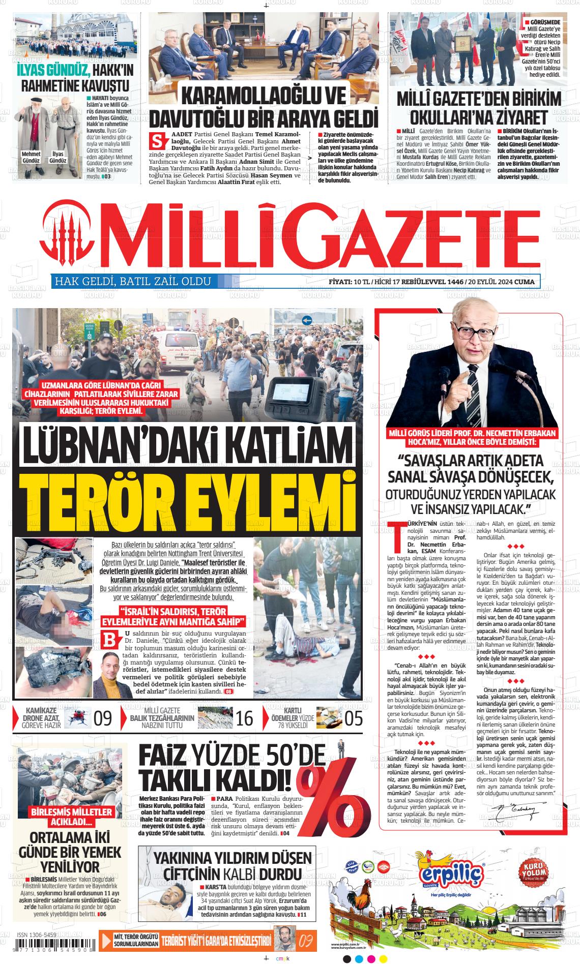 20 Eylül 2024 Milli Gazete Gazete Manşeti