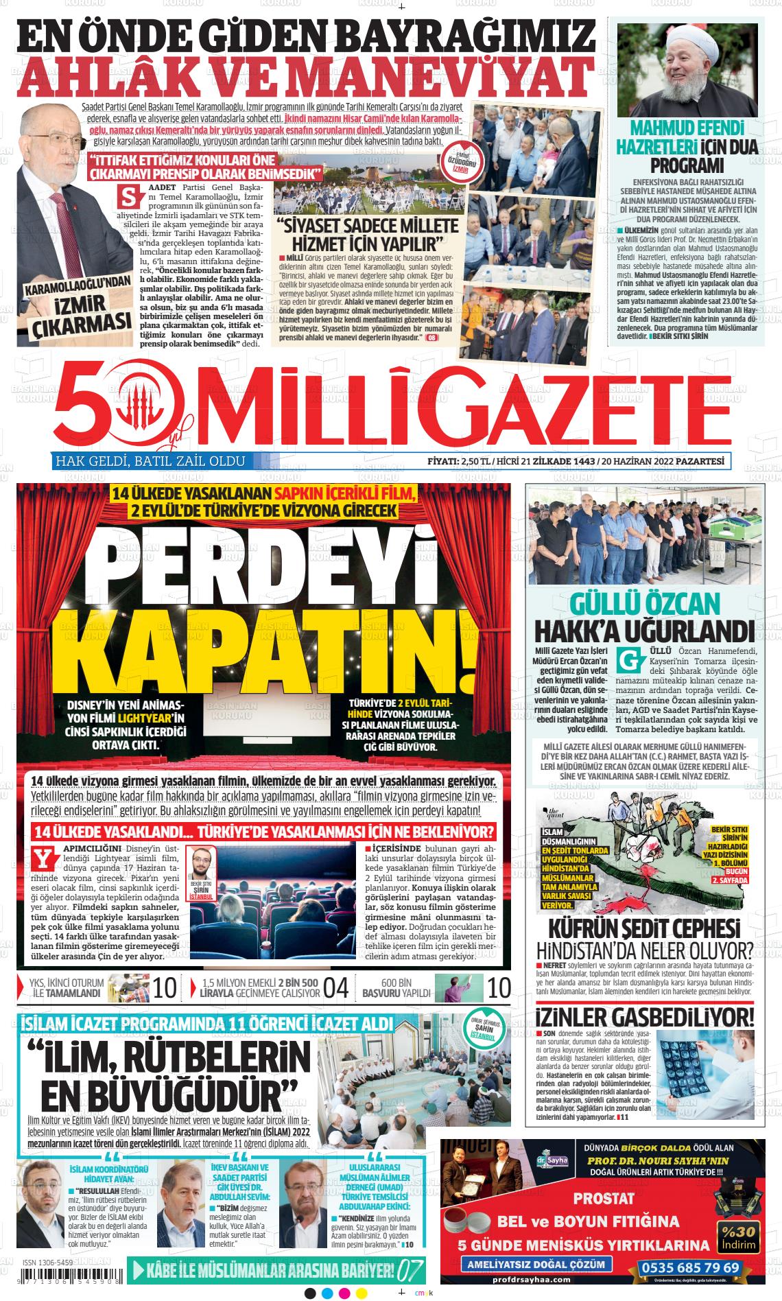 20 Haziran 2022 Milli Gazete Gazete Manşeti