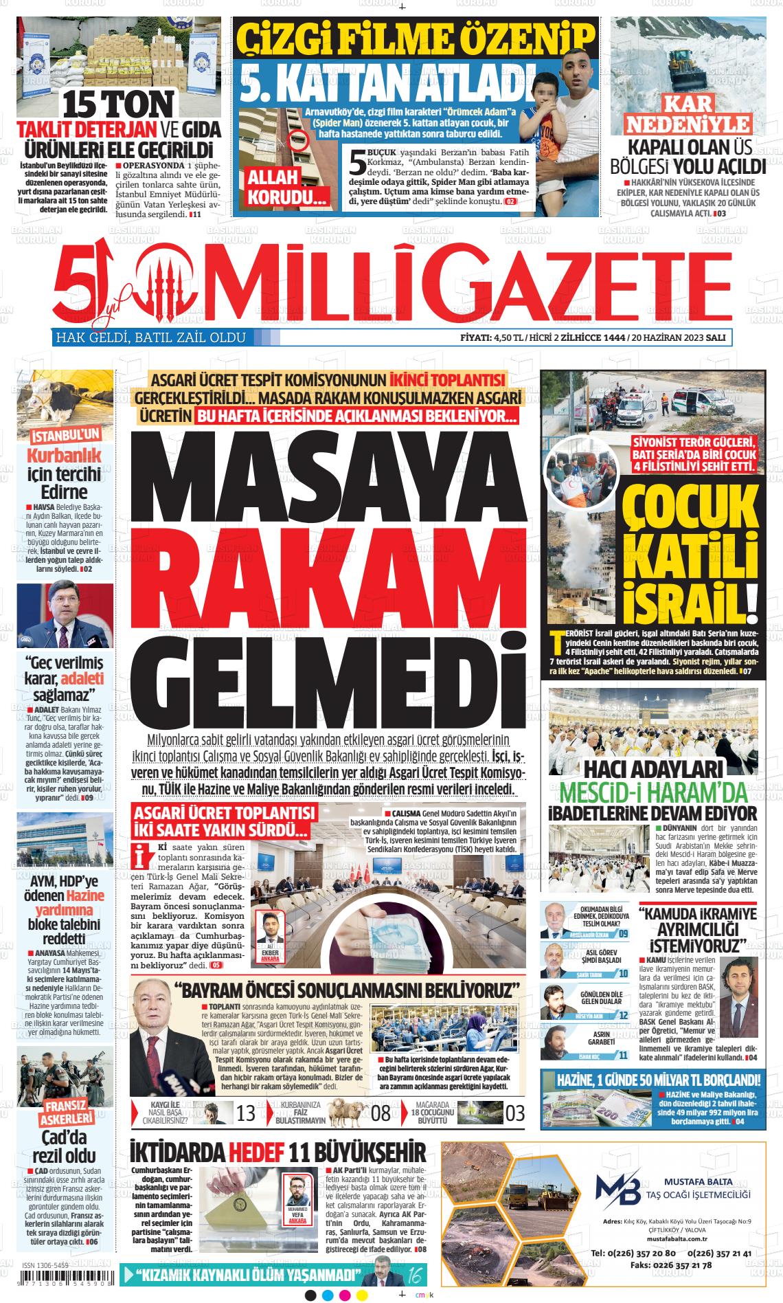 20 Haziran 2023 Milli Gazete Gazete Manşeti