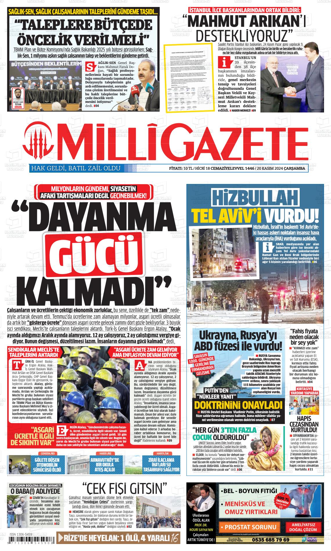 20 Kasım 2024 Milli Gazete Gazete Manşeti