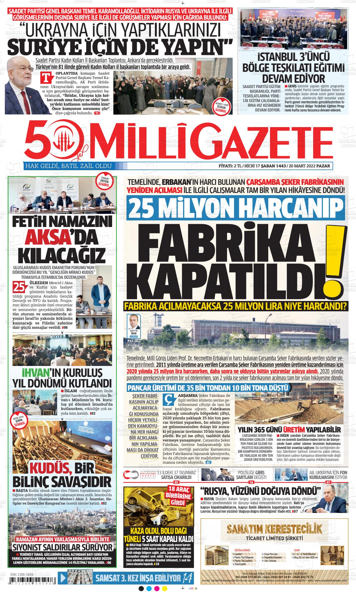 20 Mart 2022 Milli Gazete Gazete Manşeti