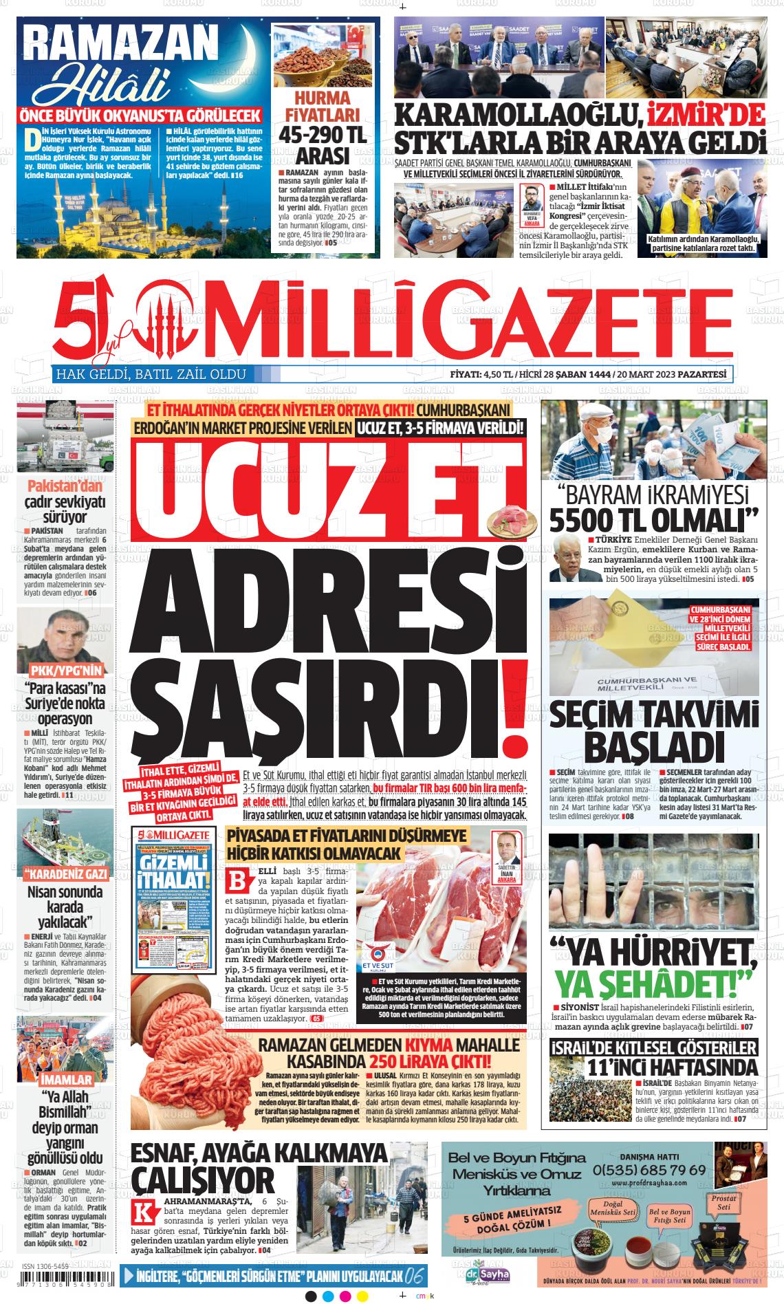 20 Mart 2023 Milli Gazete Gazete Manşeti
