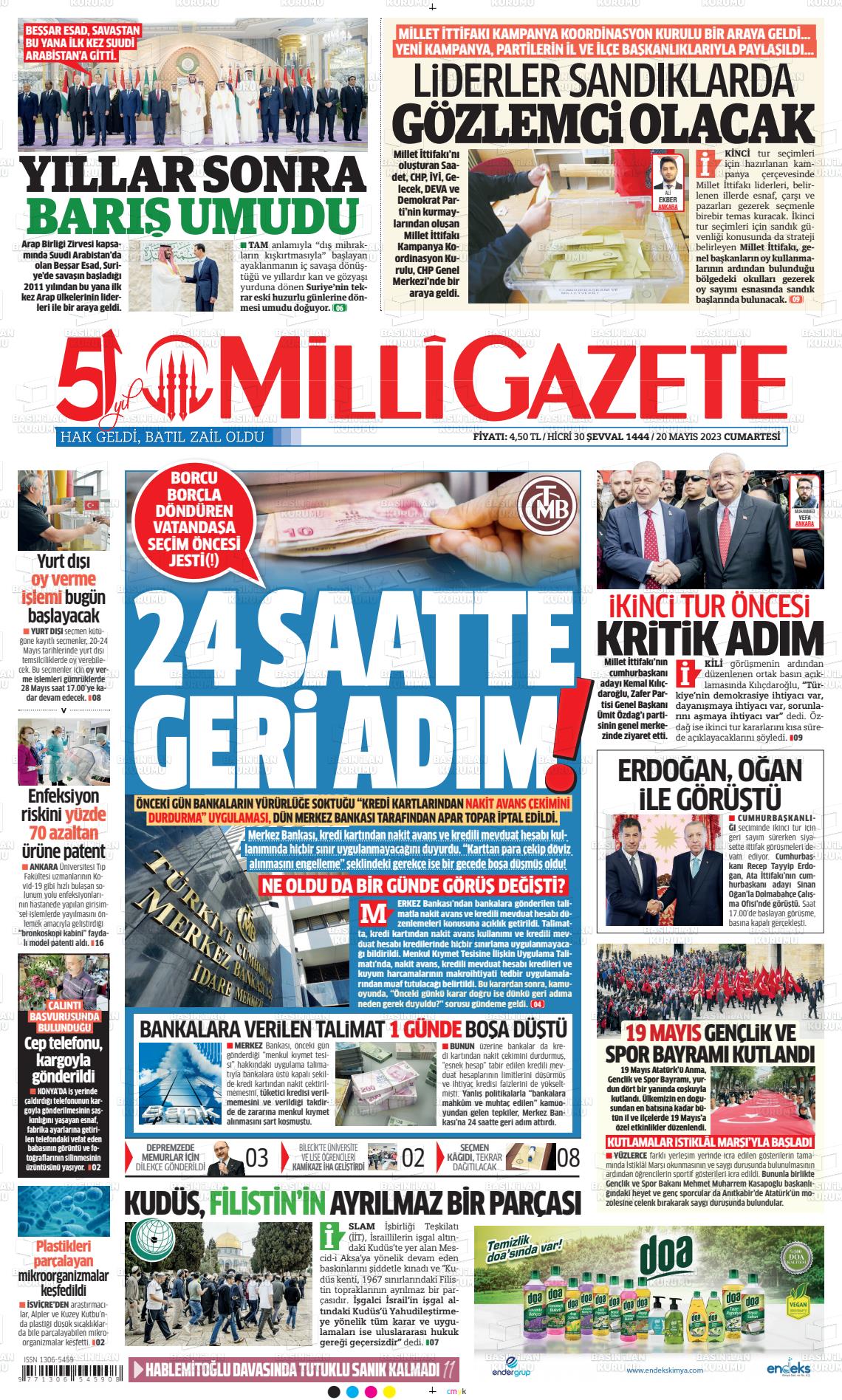 20 Mayıs 2023 Milli Gazete Gazete Manşeti