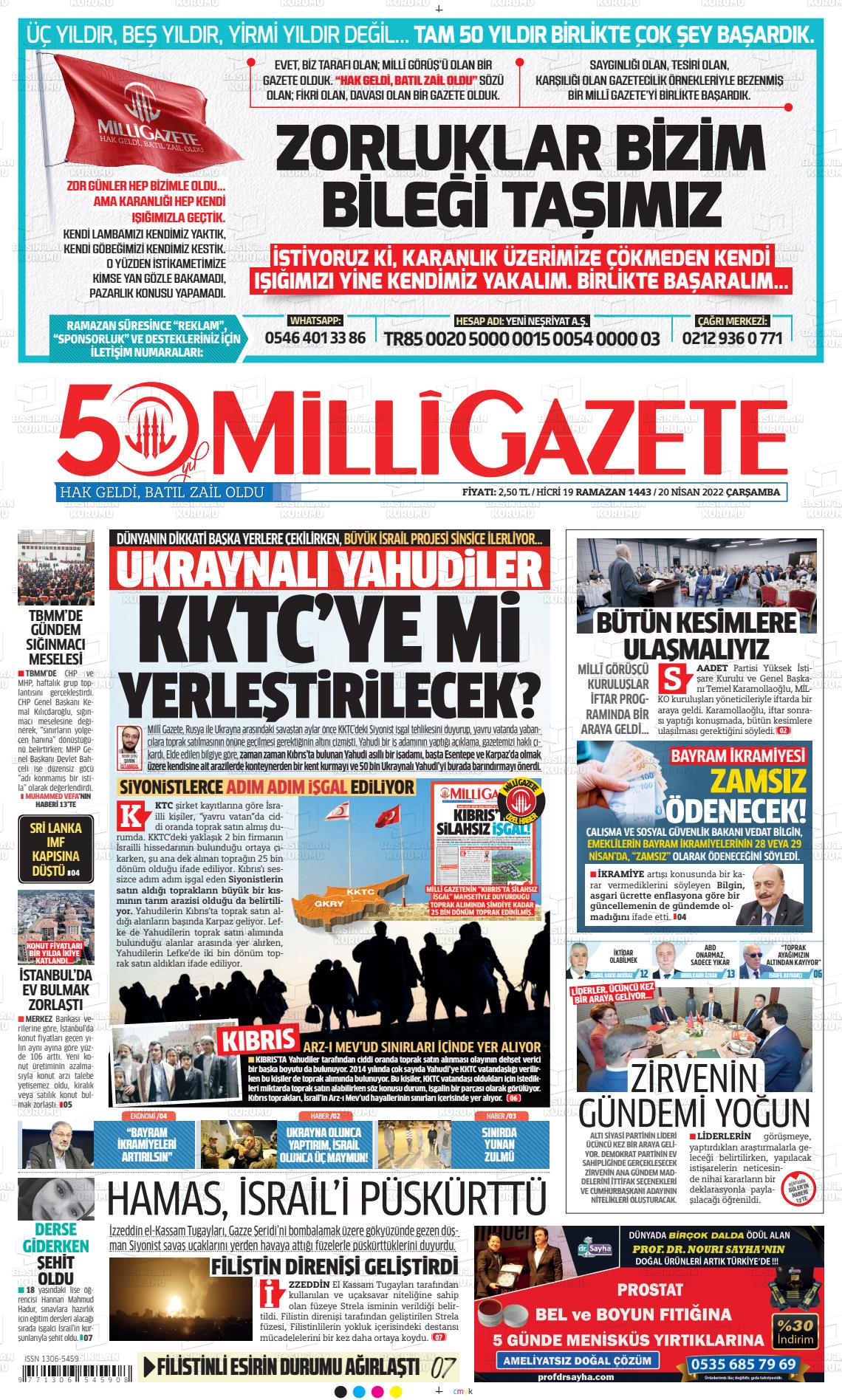 20 Nisan 2022 Milli Gazete Gazete Manşeti