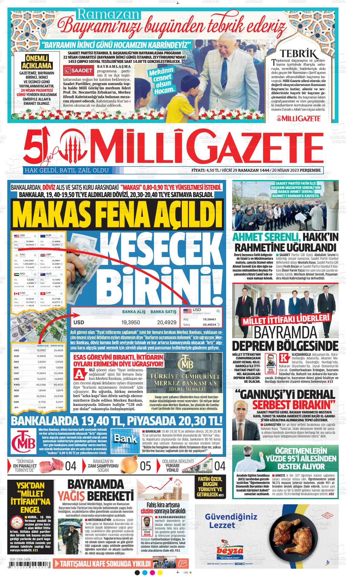 20 Nisan 2023 Milli Gazete Gazete Manşeti