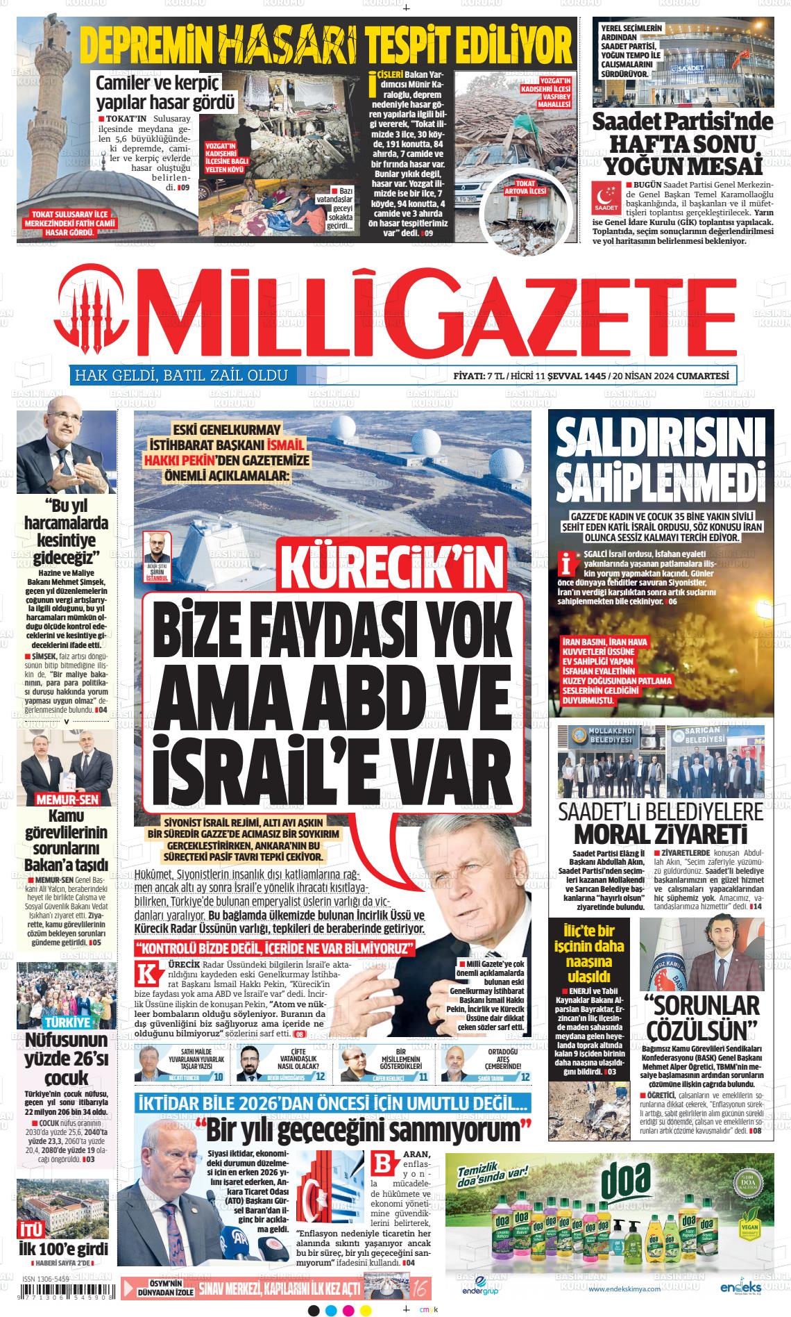 20 Nisan 2024 Milli Gazete Gazete Manşeti