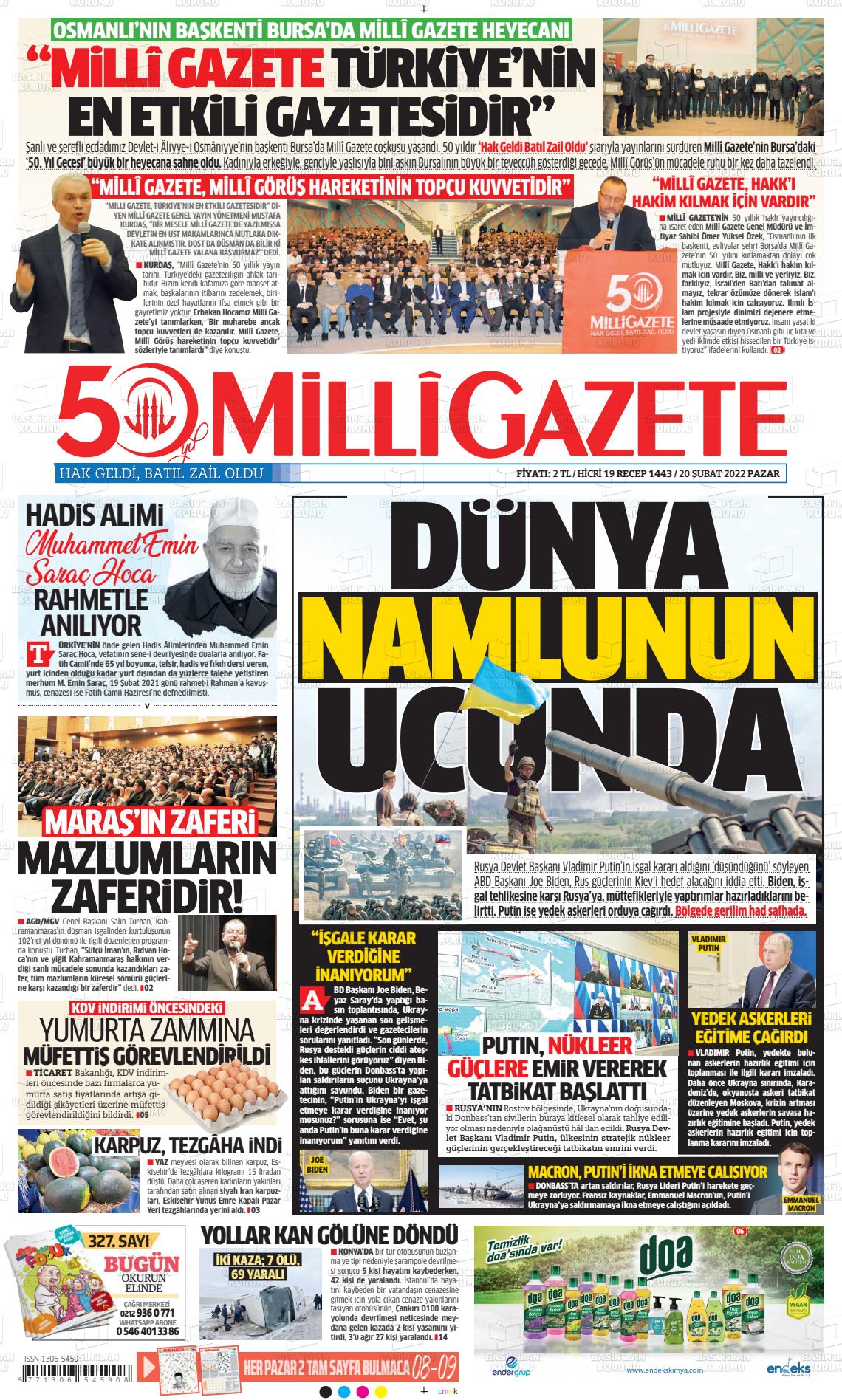 20 Şubat 2022 Milli Gazete Gazete Manşeti