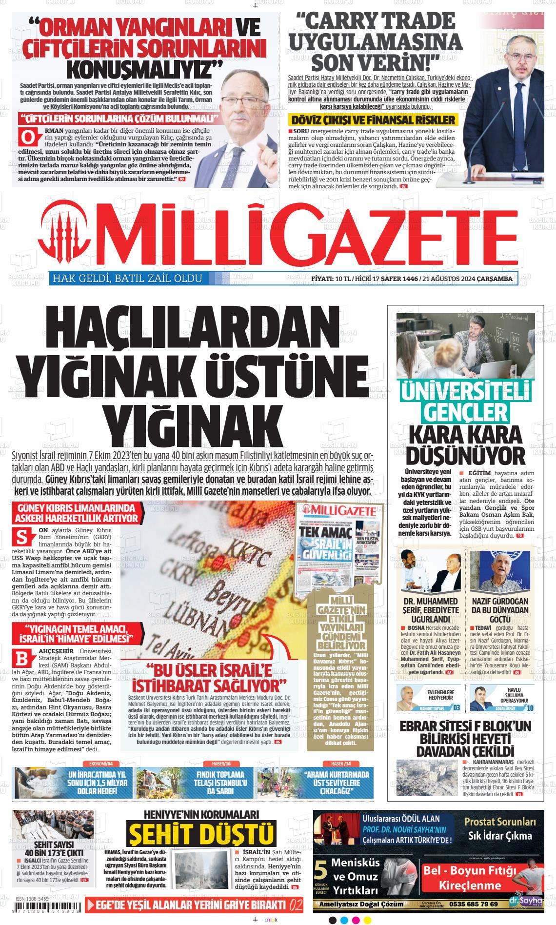 21 Ağustos 2024 Milli Gazete Gazete Manşeti