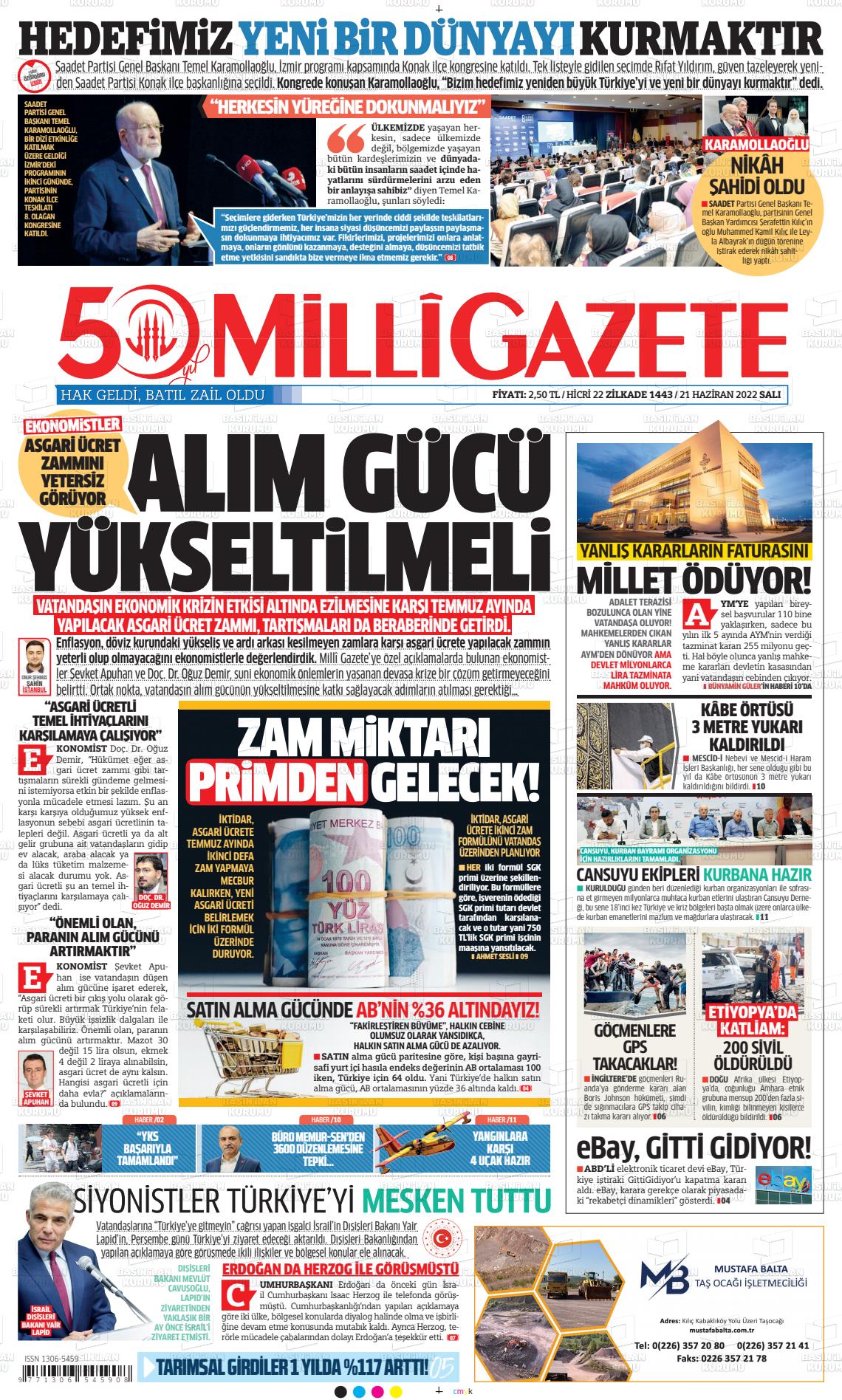 21 Haziran 2022 Milli Gazete Gazete Manşeti