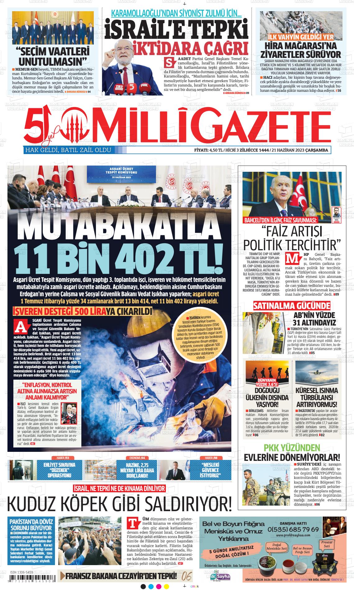 21 Haziran 2023 Milli Gazete Gazete Manşeti