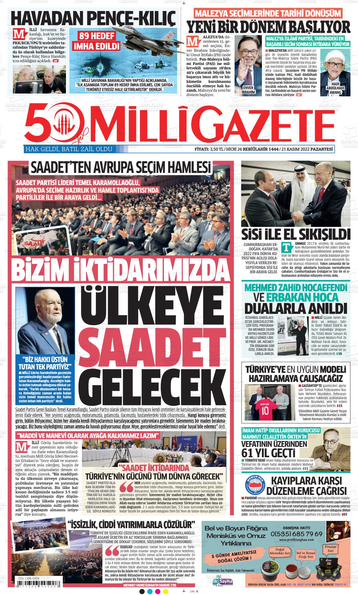 21 Kasım 2022 Milli Gazete Gazete Manşeti