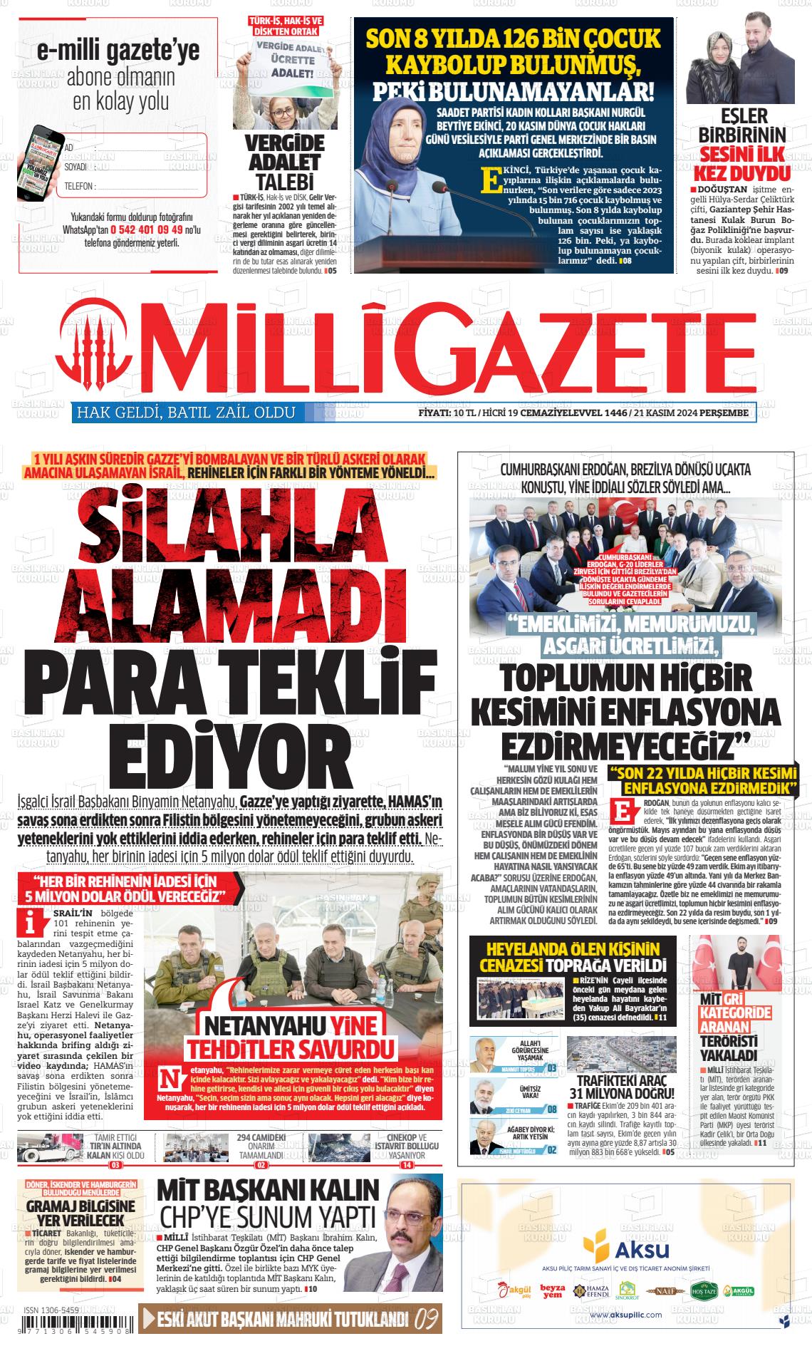 21 Kasım 2024 Milli Gazete Gazete Manşeti