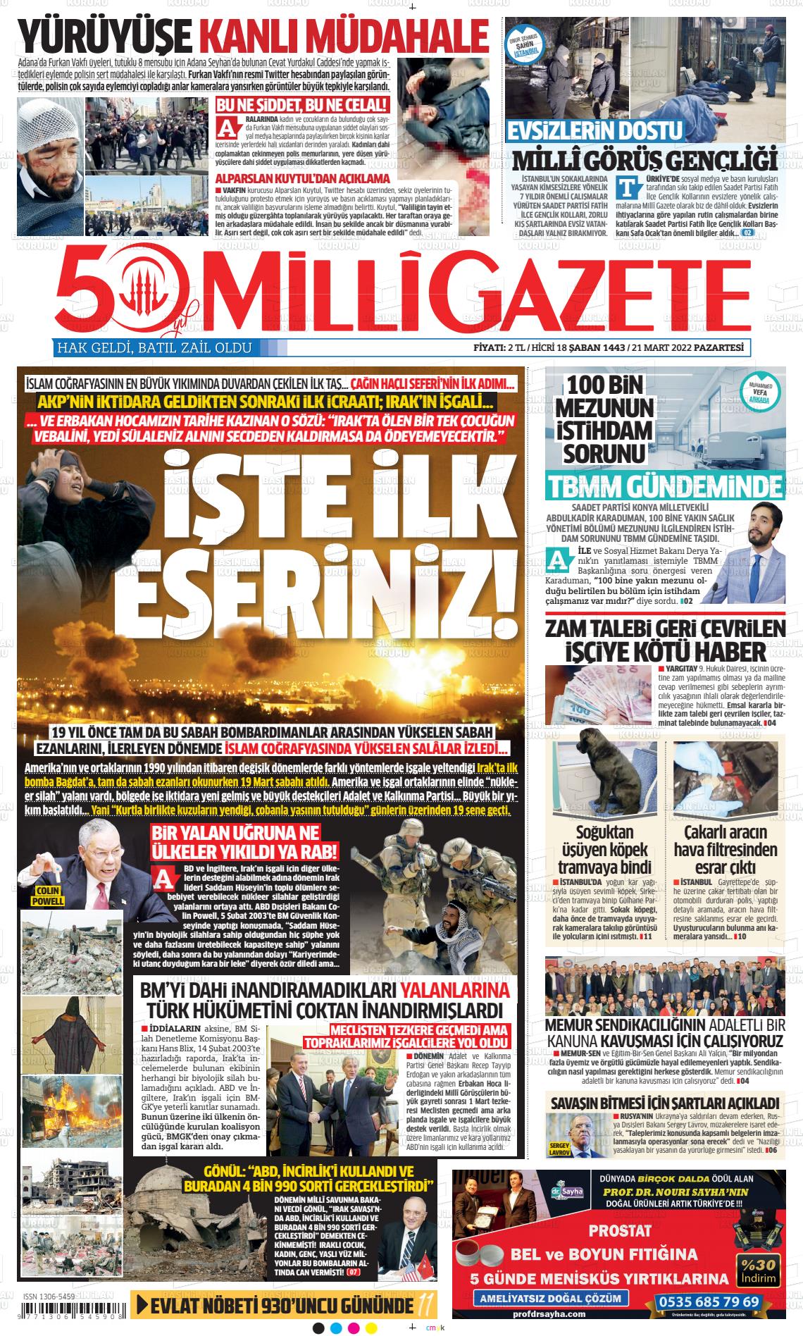 21 Mart 2022 Milli Gazete Gazete Manşeti