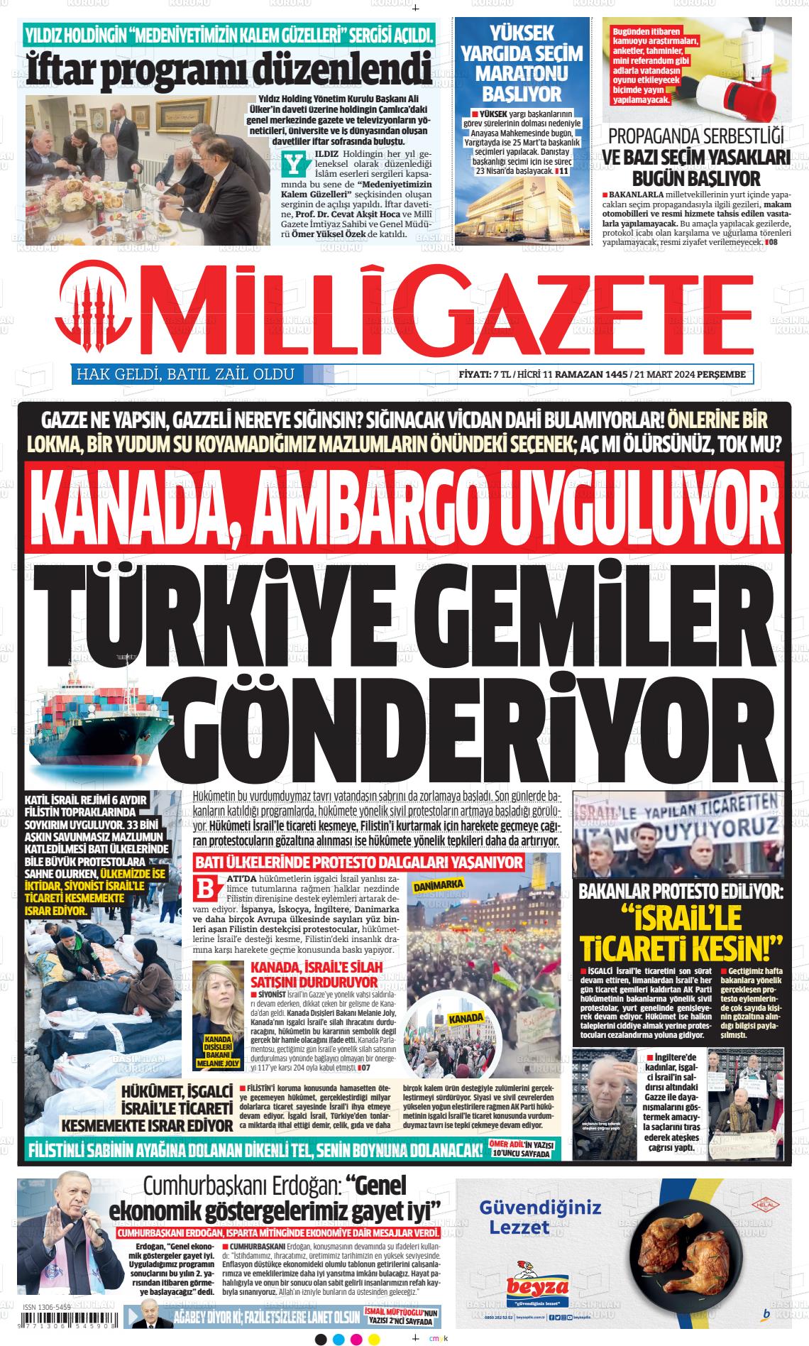 21 Mart 2024 Milli Gazete Gazete Manşeti