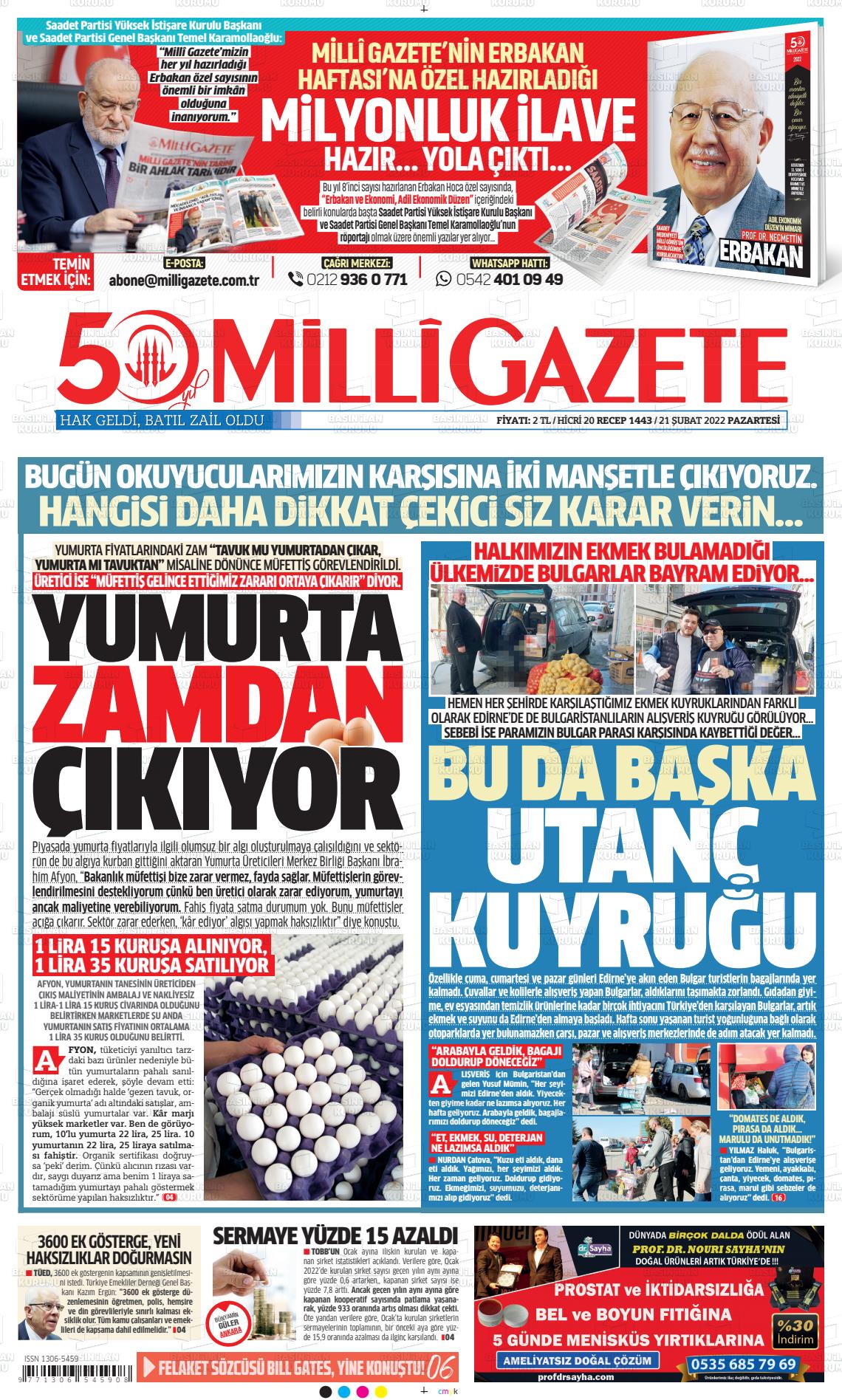 21 Şubat 2022 Milli Gazete Gazete Manşeti